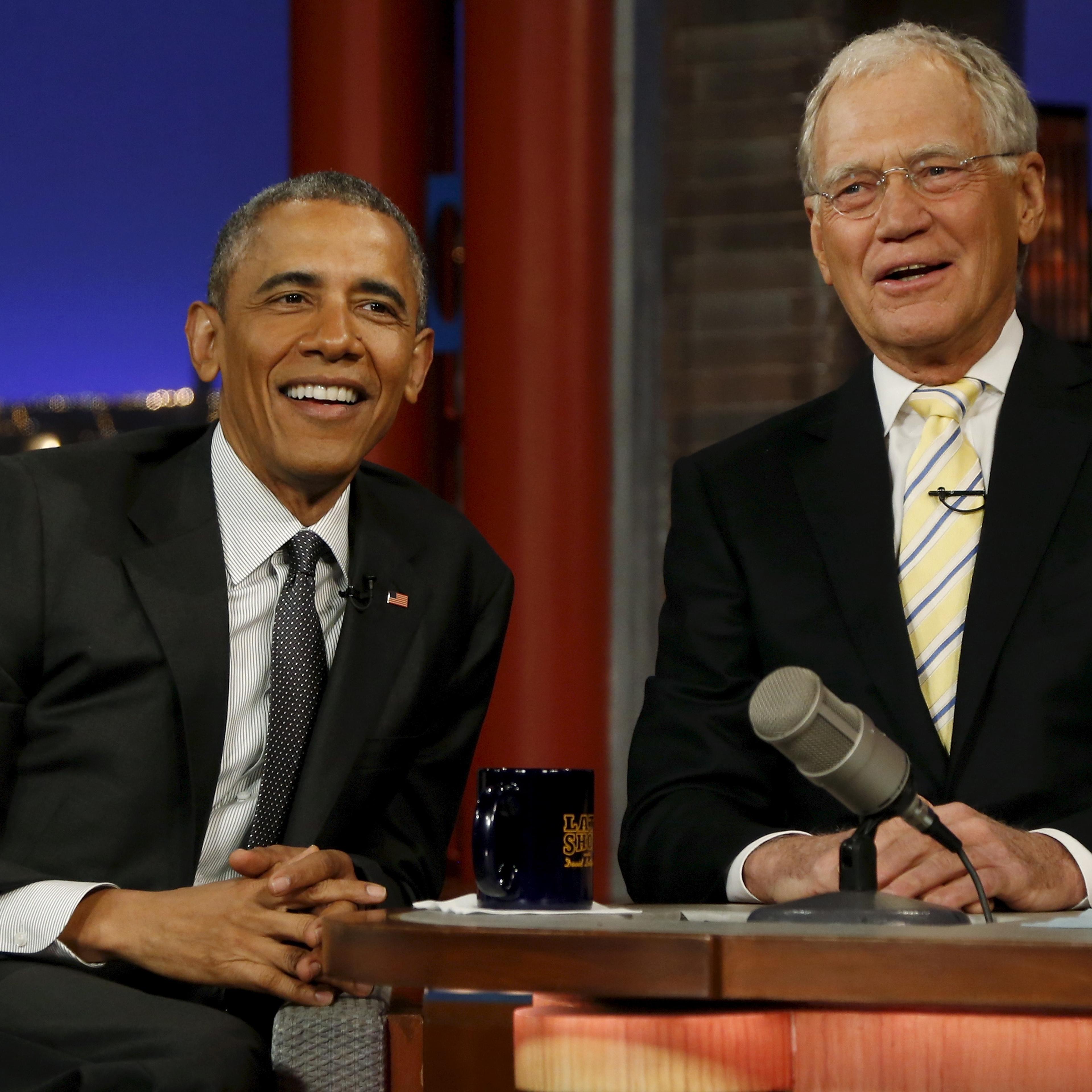 Obama tapes an appearance on the Late Show with David Letterman at the Ed Sullivan Theater in New York
