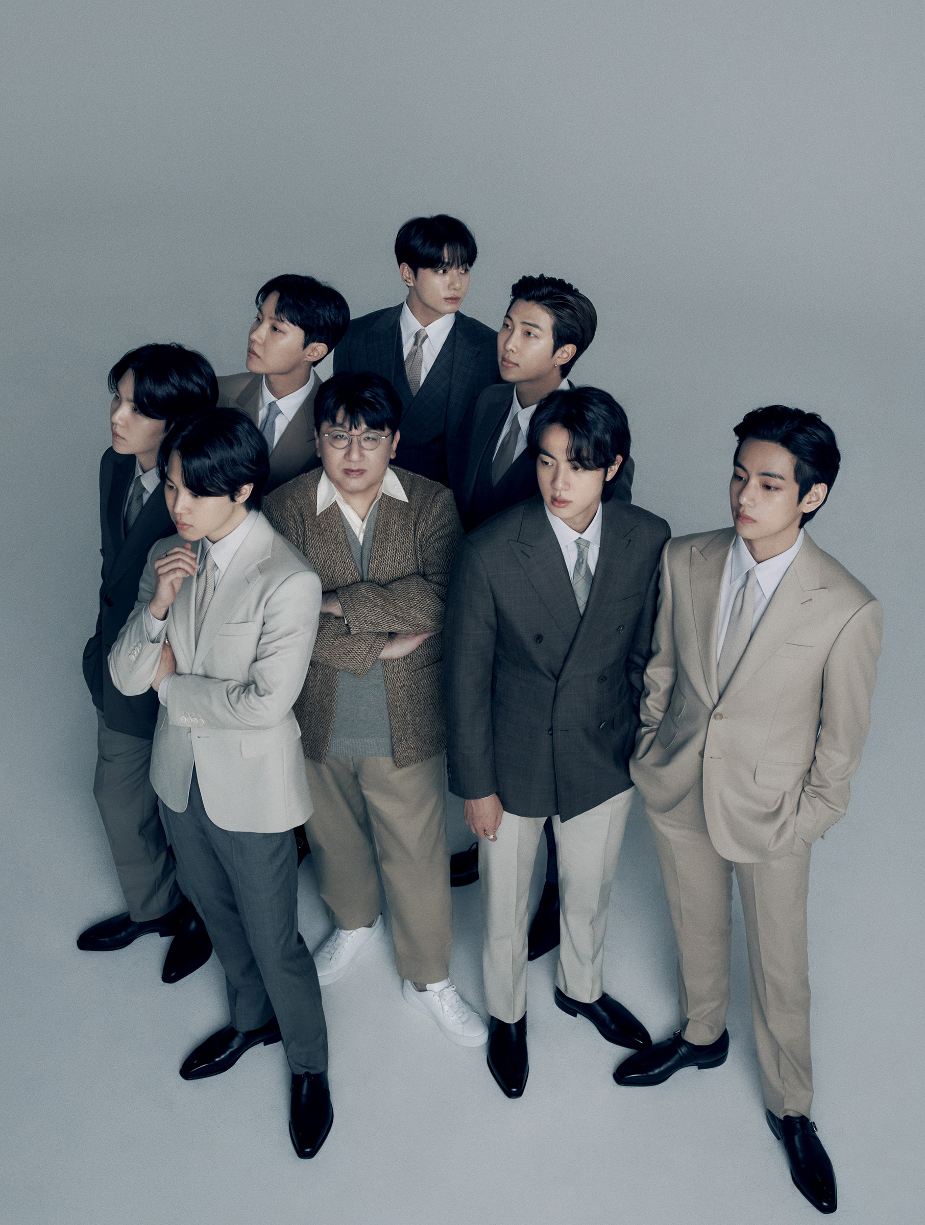 Mr. Bang Si-Hyuk, chairperson of HYBE, with BTS photographed at the HYBE Corp. building in Seoul, Korea on March 6.