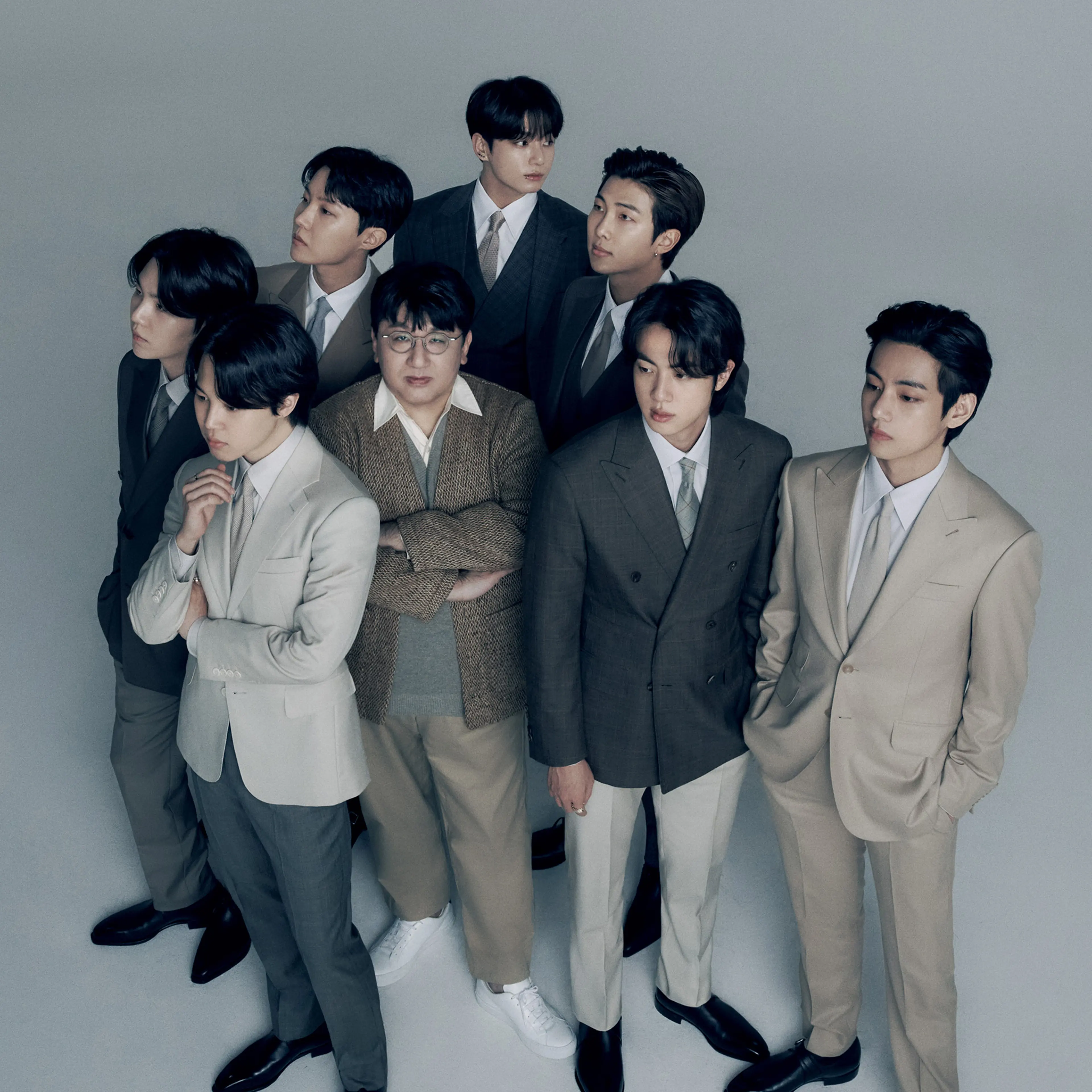 Mr. Bang Si-Hyuk, chairperson of HYBE, with BTS photographed at the HYBE Corp. building in Seoul, Korea on March 6.