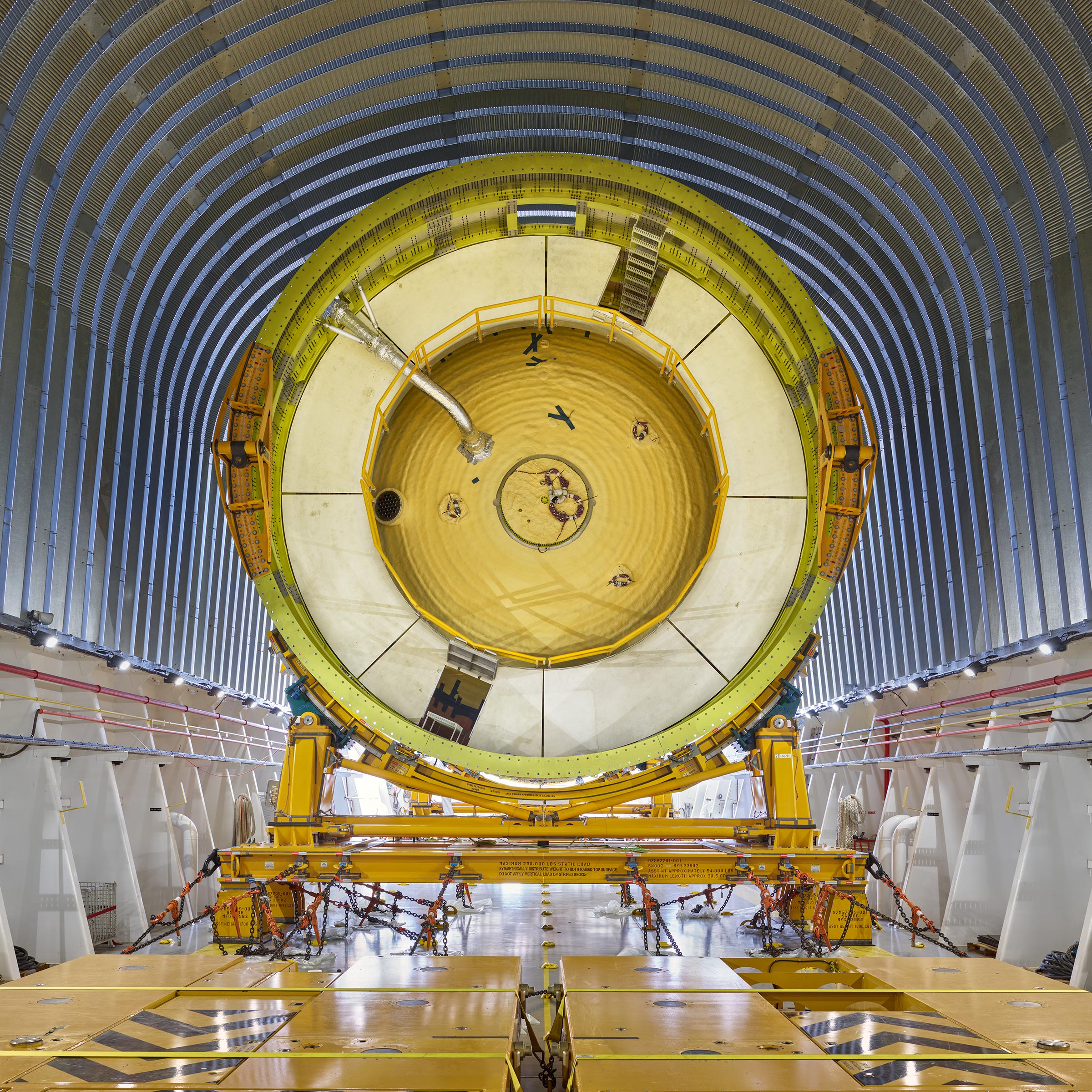 A test version of the liquid-oxygen tank that will power NASA’s moon rocket, on a barge bound for Florida