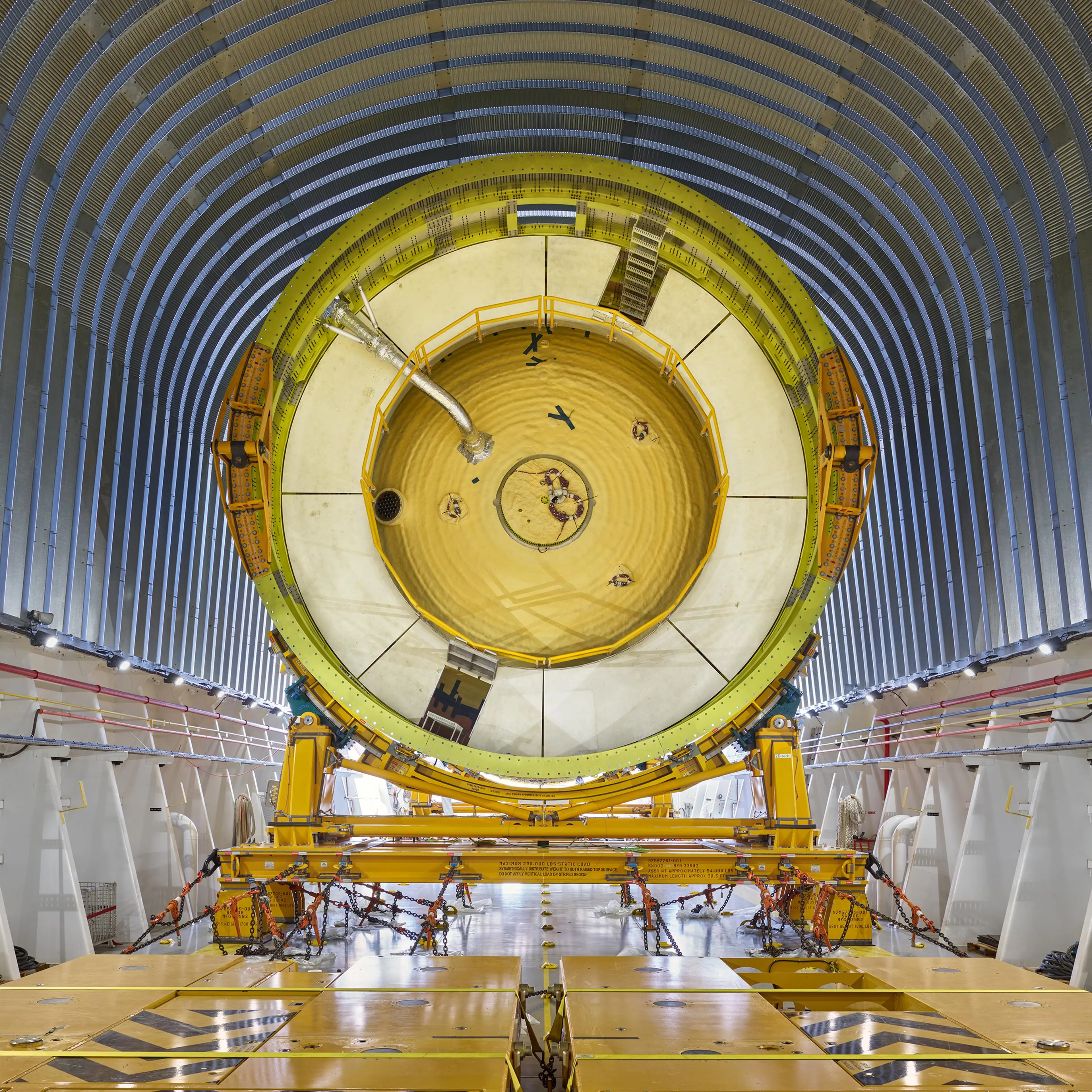 A test version of the liquid-oxygen tank that will power NASA’s moon rocket, on a barge bound for Florida