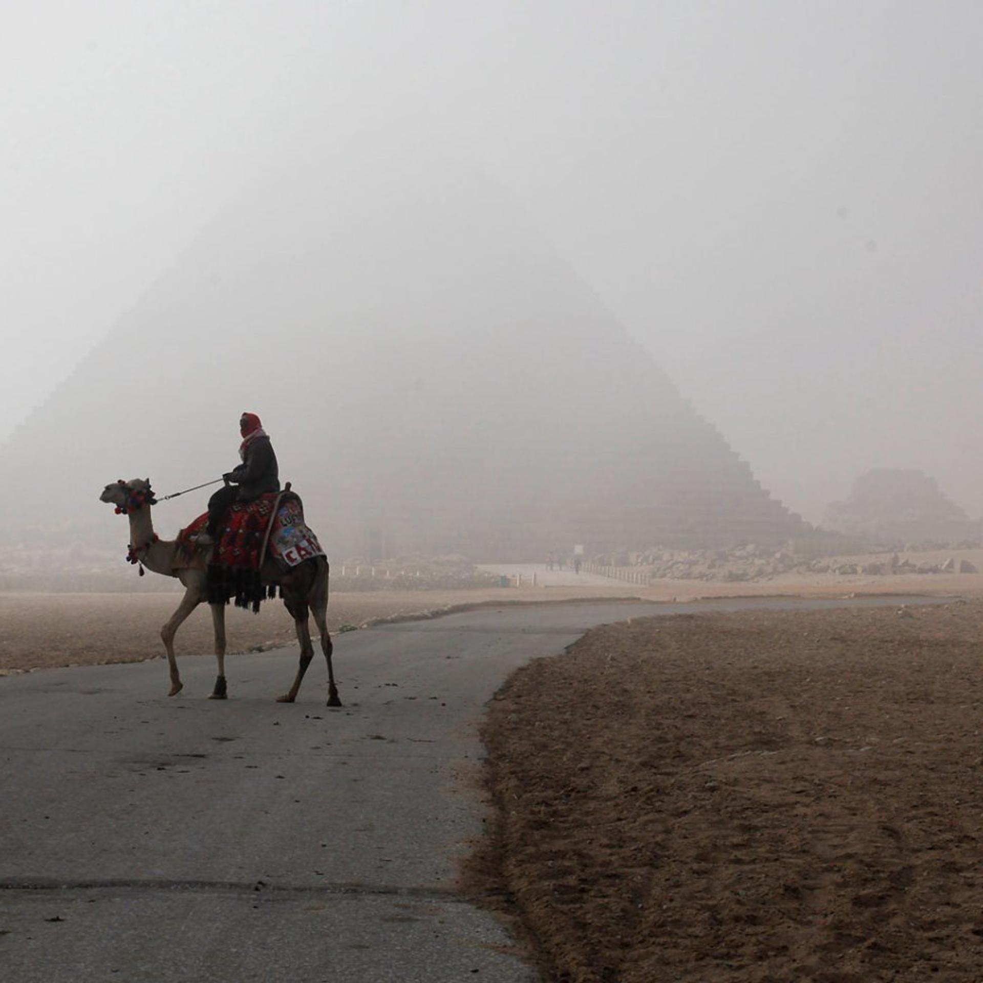 A man rides his camel as he waits for tourists at the Giza pyramids area, south of Cairo, Feb. 20, 2014.
