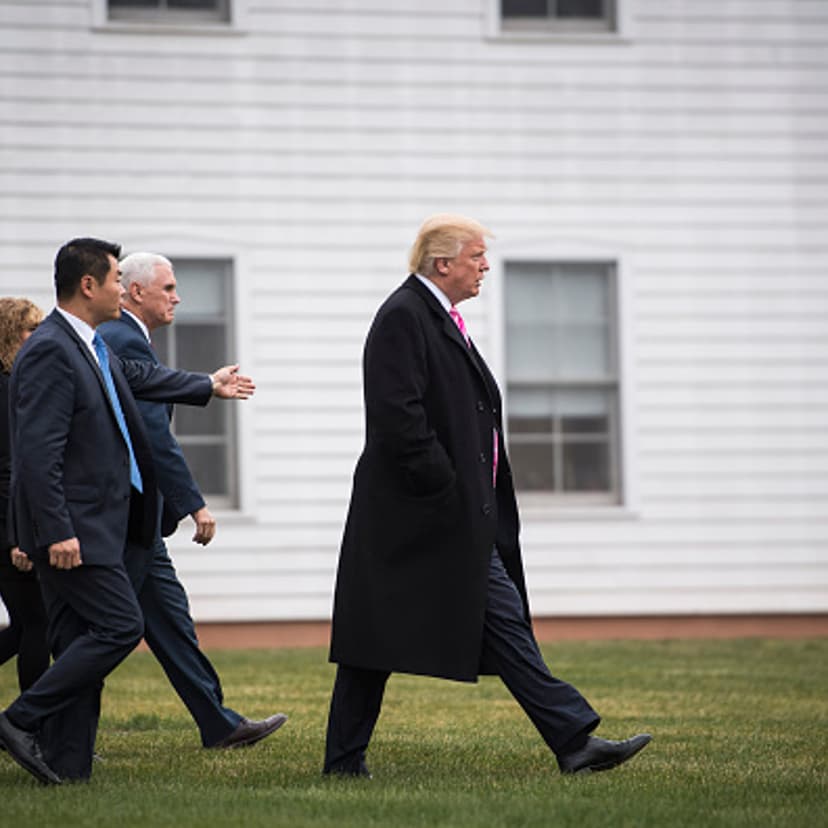 President-elect Donald Trump and Vice President-elect Mike Pence walk out from Lamington Presbyterian Church after attending services in Bedminster Township, N.J. on Sunday, Nov. 20, 2016.