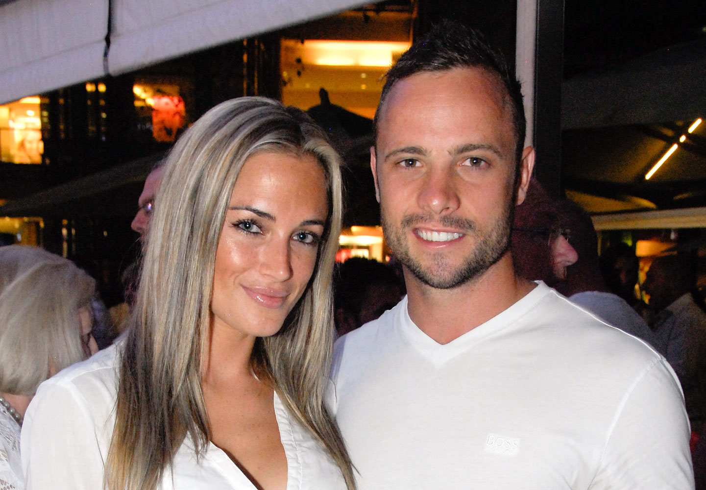 Olympian sprinter Oscar Pistorius with his girlfriend Reeva Steenkamp at Melrose Arch in Johannesburg in Jan. 26, 2013.