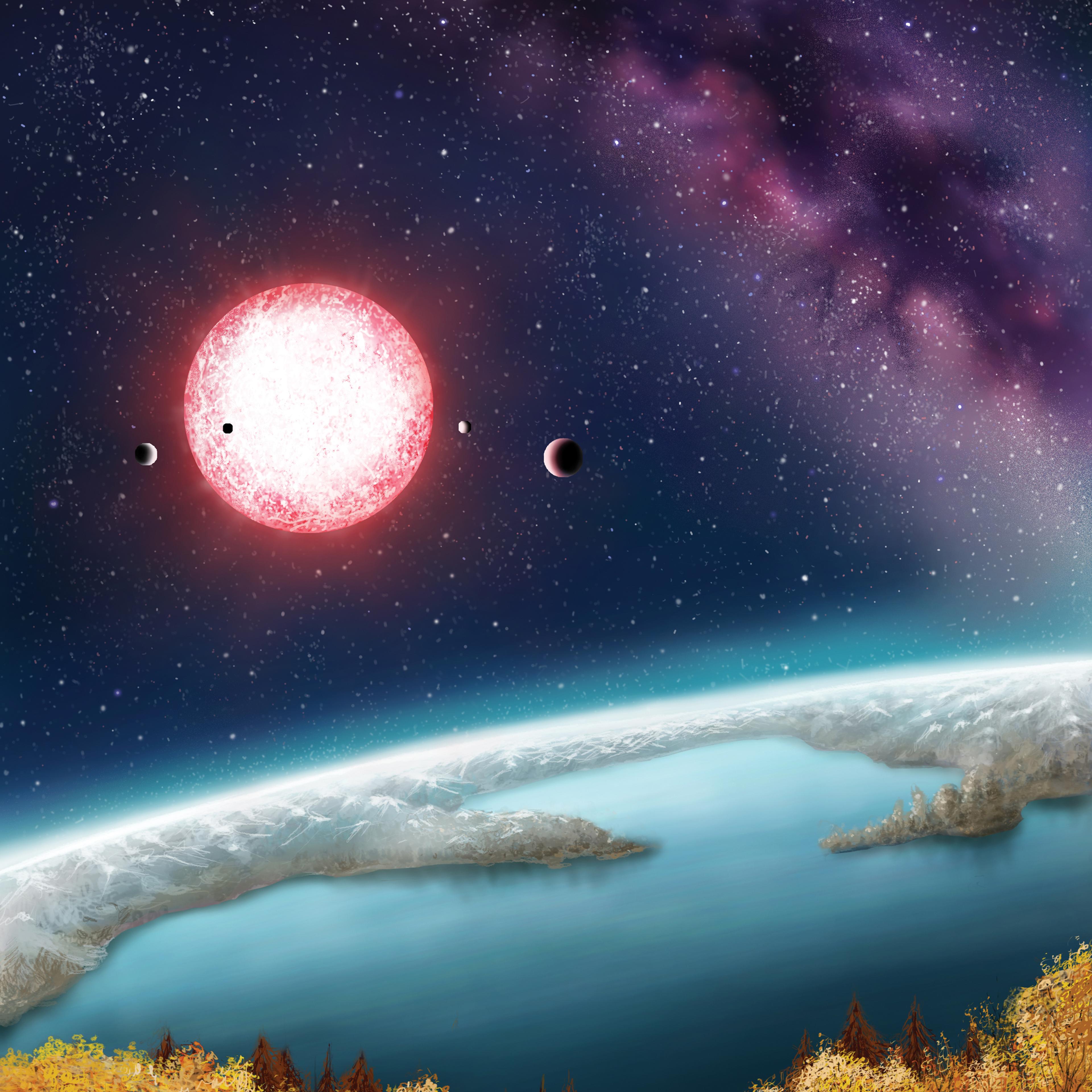 An artist's conception of Kepler 186f, with its reddish sun setting over its maybe-ocean