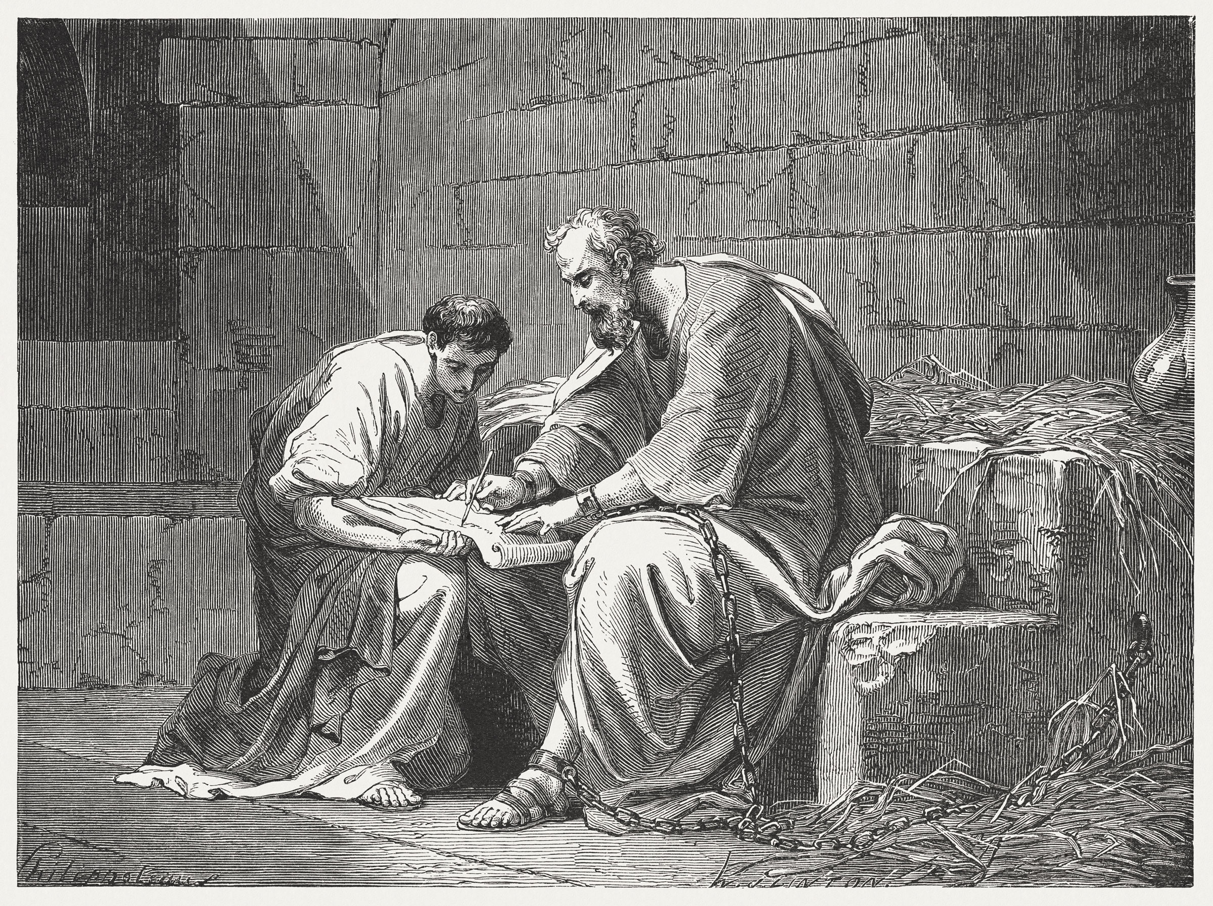 wood engraving of Paul writing to the Ephesians (Ephesians 6, 21-23)
