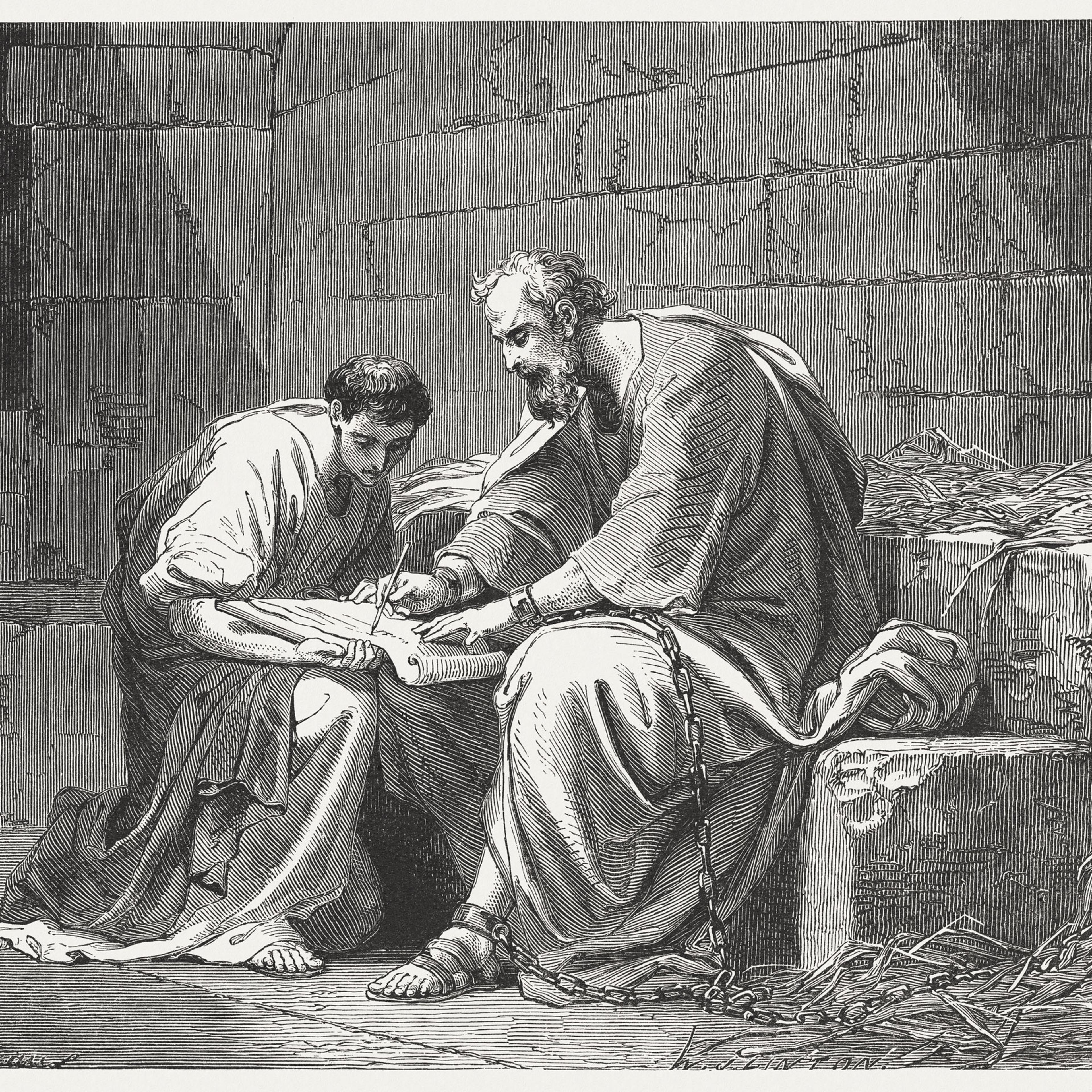 wood engraving of Paul writing to the Ephesians (Ephesians 6, 21-23)
