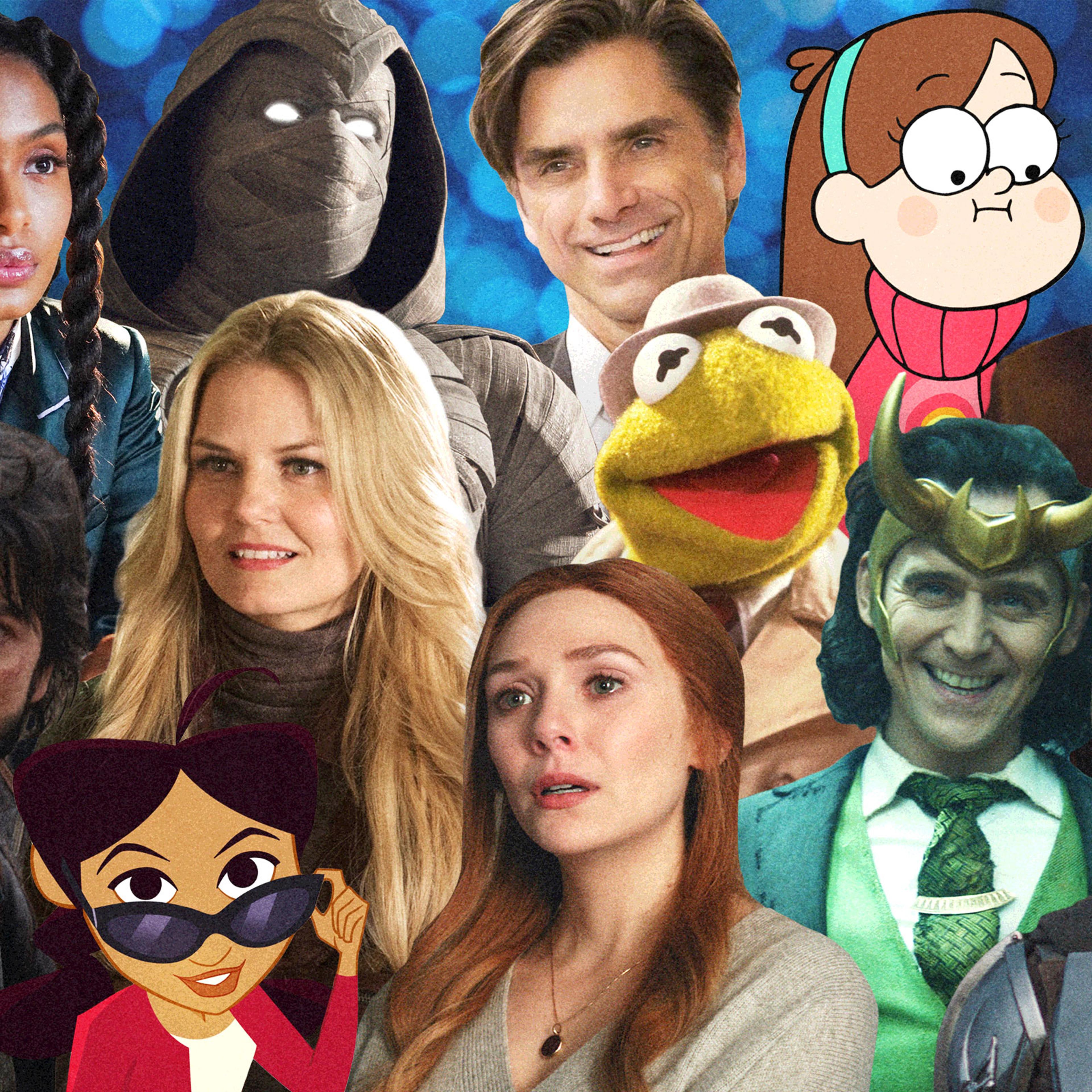 A collage of cut outs of different characters from popular shows on Disney plus