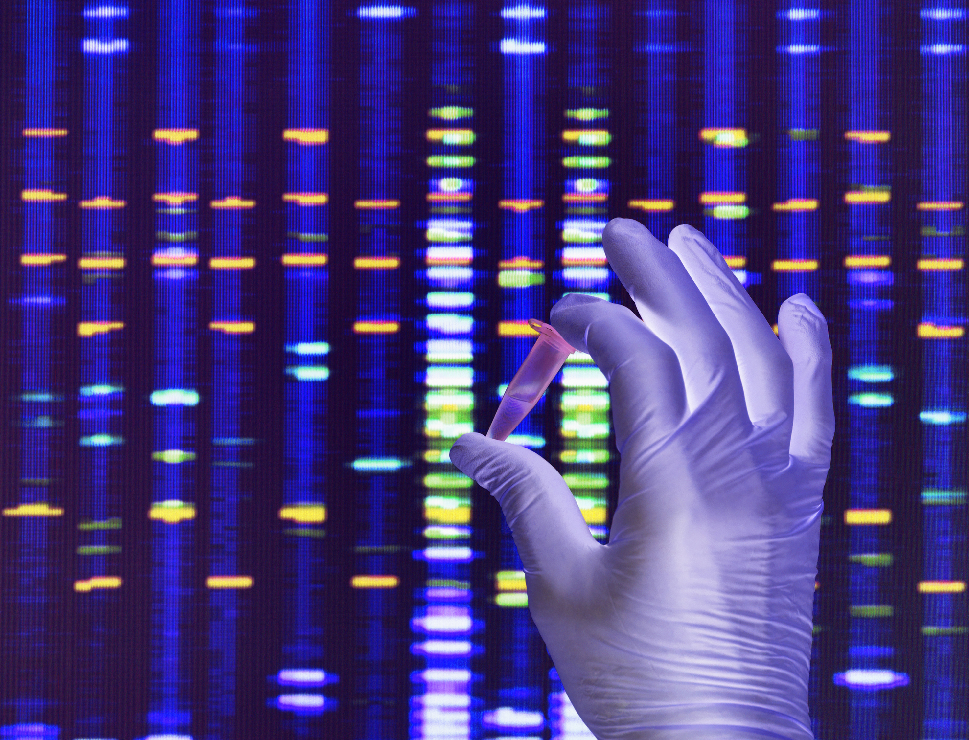 Scientist holding a DNA sample with the results on a computer sceeen in a laboratory
