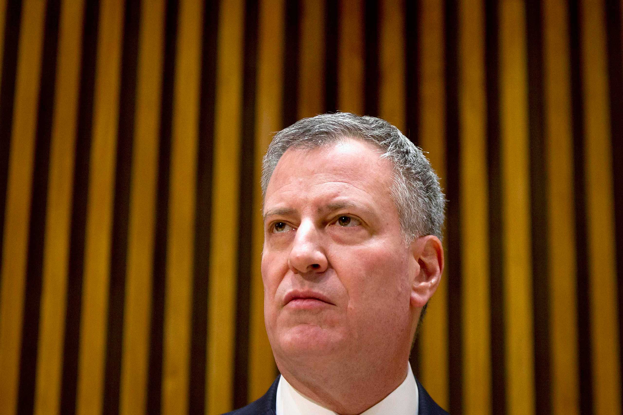 New York Mayor De Blasio attends a news conference about the two NYPD police officers who were fatally shot in the Brooklyn borough of New York