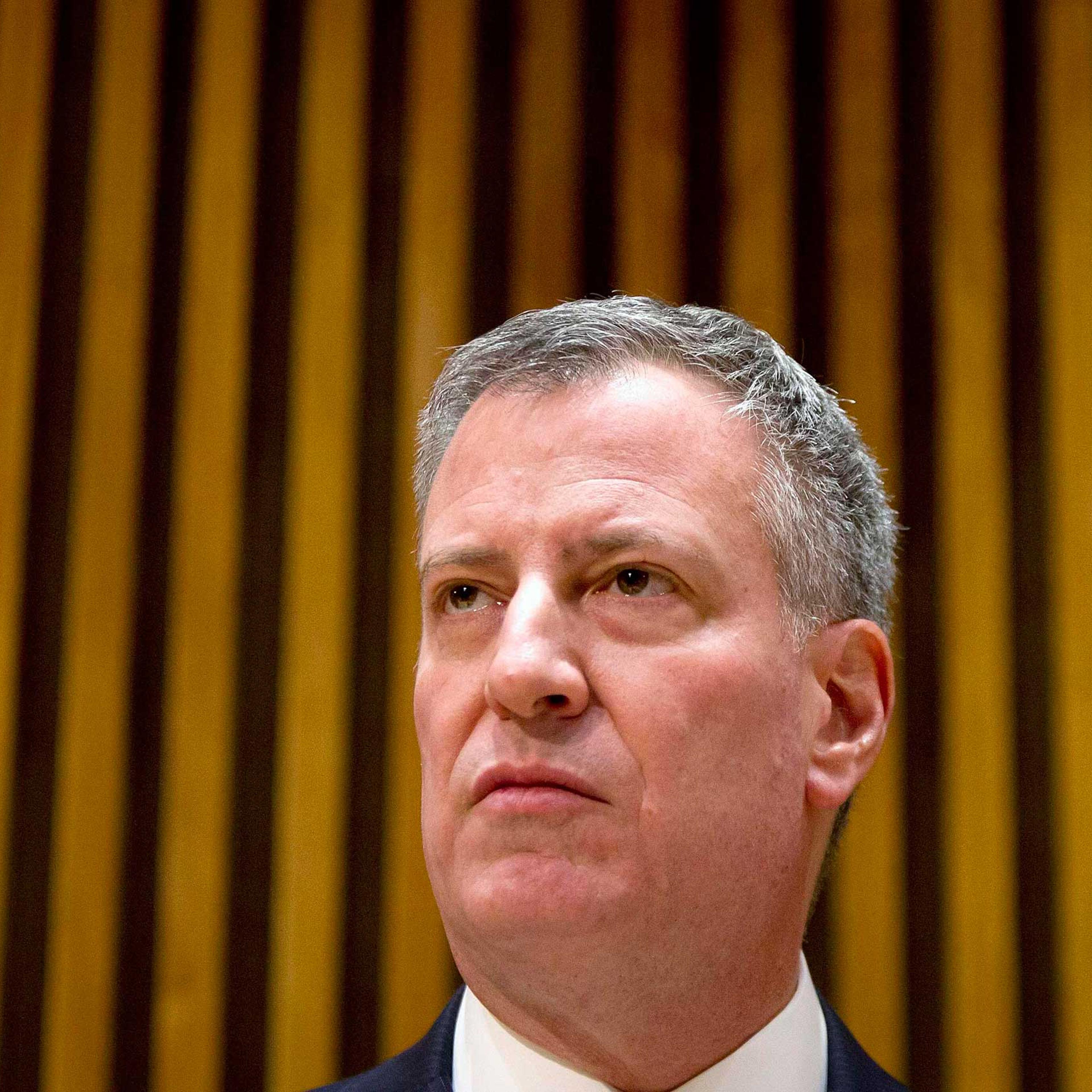 New York Mayor De Blasio attends a news conference about the two NYPD police officers who were fatally shot in the Brooklyn borough of New York