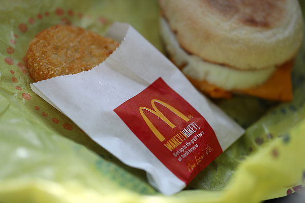 The McDonald's logo is displayed on the packaging of a hash brown at a McDonald's restaurant on January 30, 2018 in San Francisco, California.