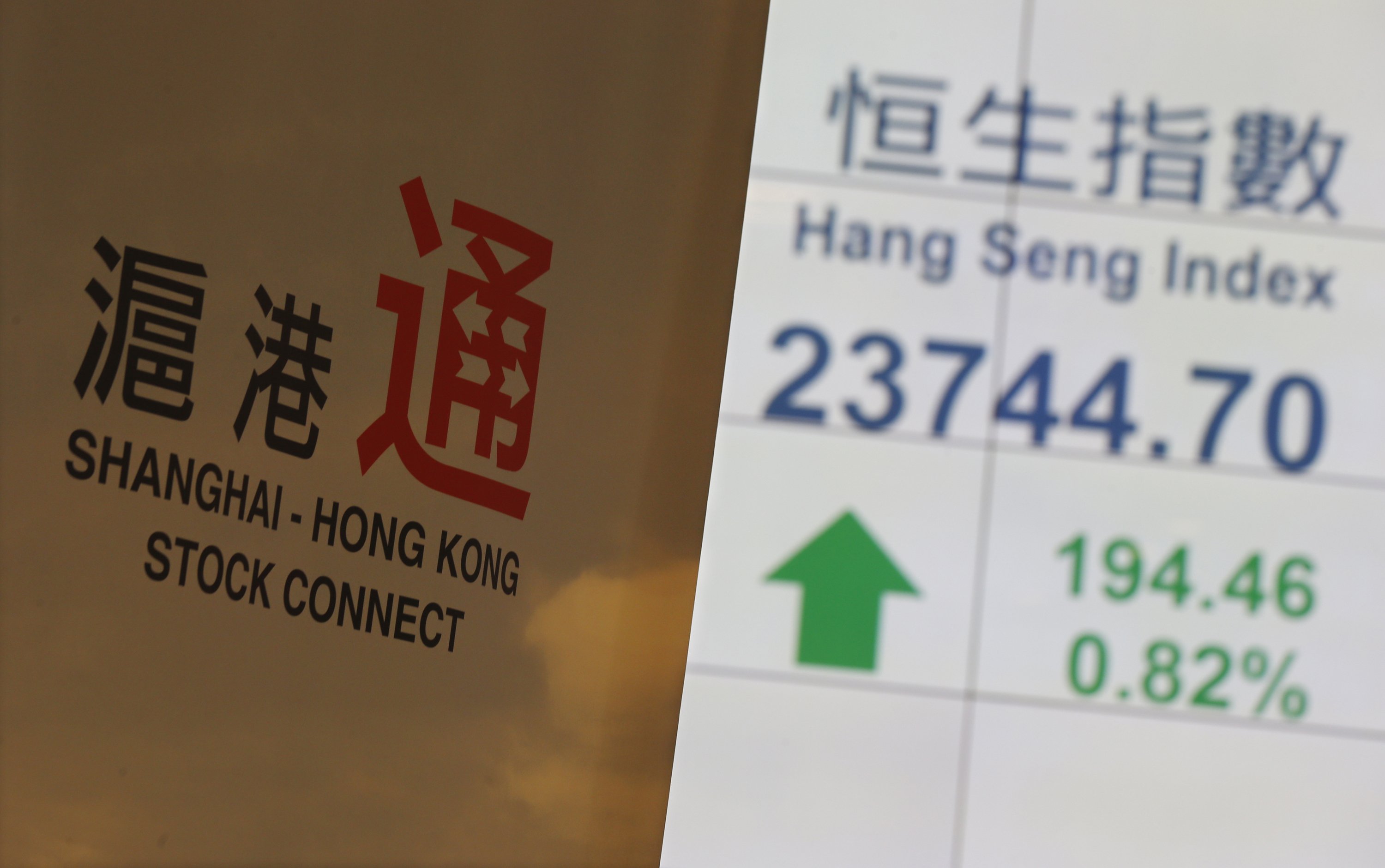 A banner introducing the Shanghai-Hong Kong Stock Connect is displayed in front of a panel showing the closing blue-chip Hang Seng Index at the Hong Kong Stock Exchange in Hong Kong