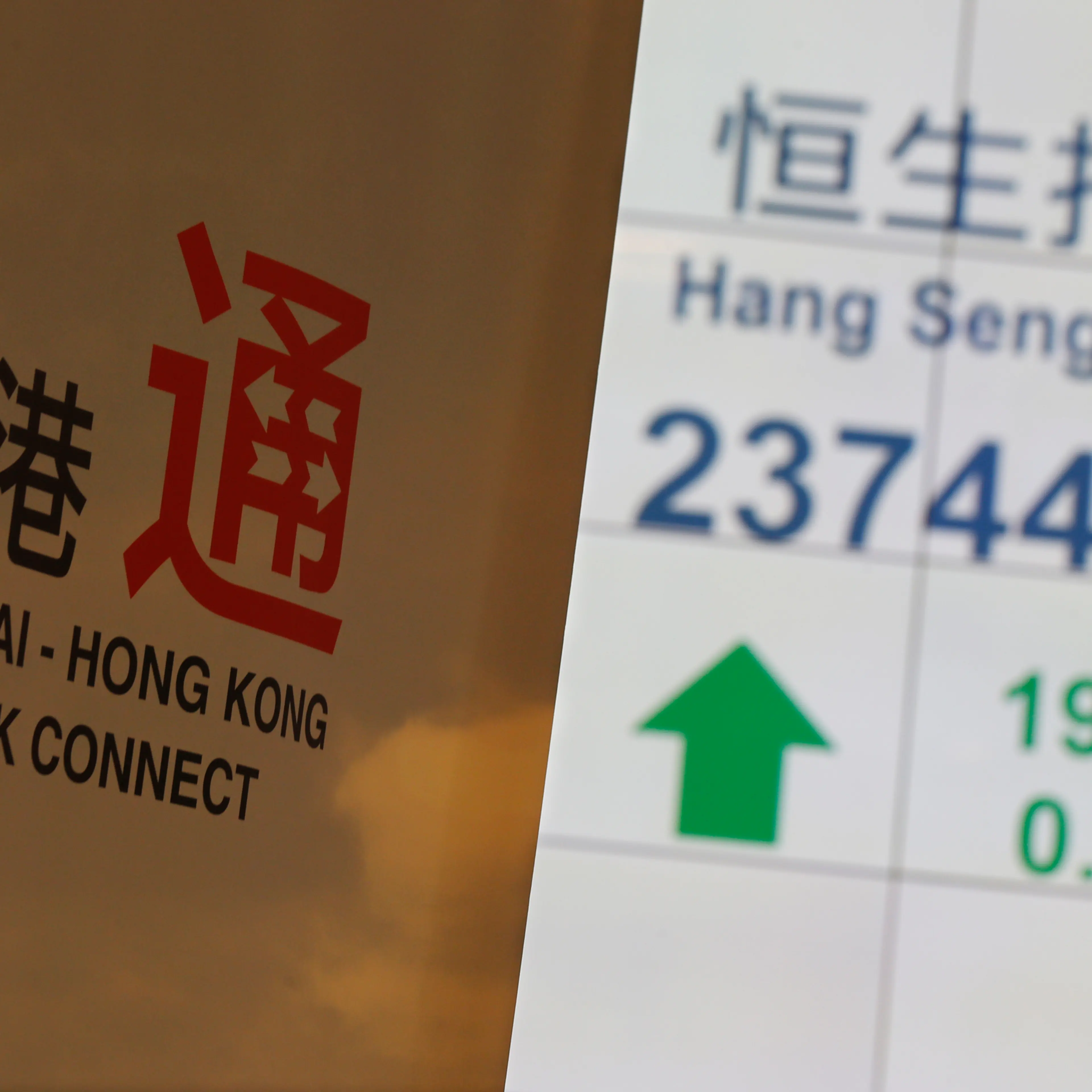 A banner introducing the Shanghai-Hong Kong Stock Connect is displayed in front of a panel showing the closing blue-chip Hang Seng Index at the Hong Kong Stock Exchange in Hong Kong