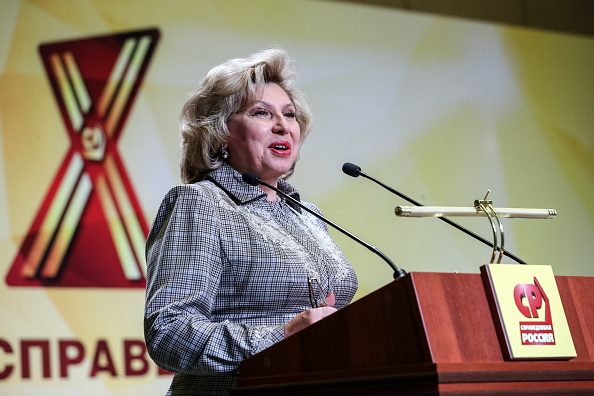 MOSCOW, RUSSIA - OCTOBER 28, 2018: Russia's High Commissioner for Human Rights Tatyana Moskalkova addresses the 10th Congress of A Just Russia Party at Moscow's World Trade Center. Sergei Savostyanov/TASS (Photo by Sergei SavostyanovTASS via Getty Images