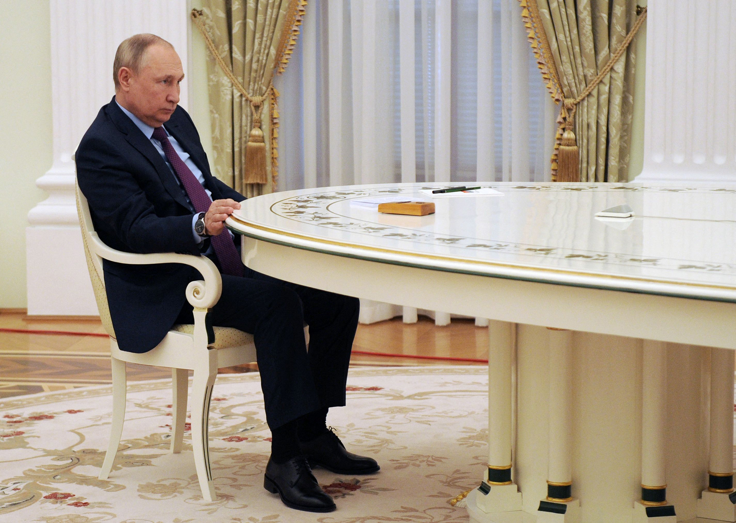 Russian President Putin attends a meeting with his Azerbaijani counterpart at the Kremlin in Moscow on Feb. 22, 2022.