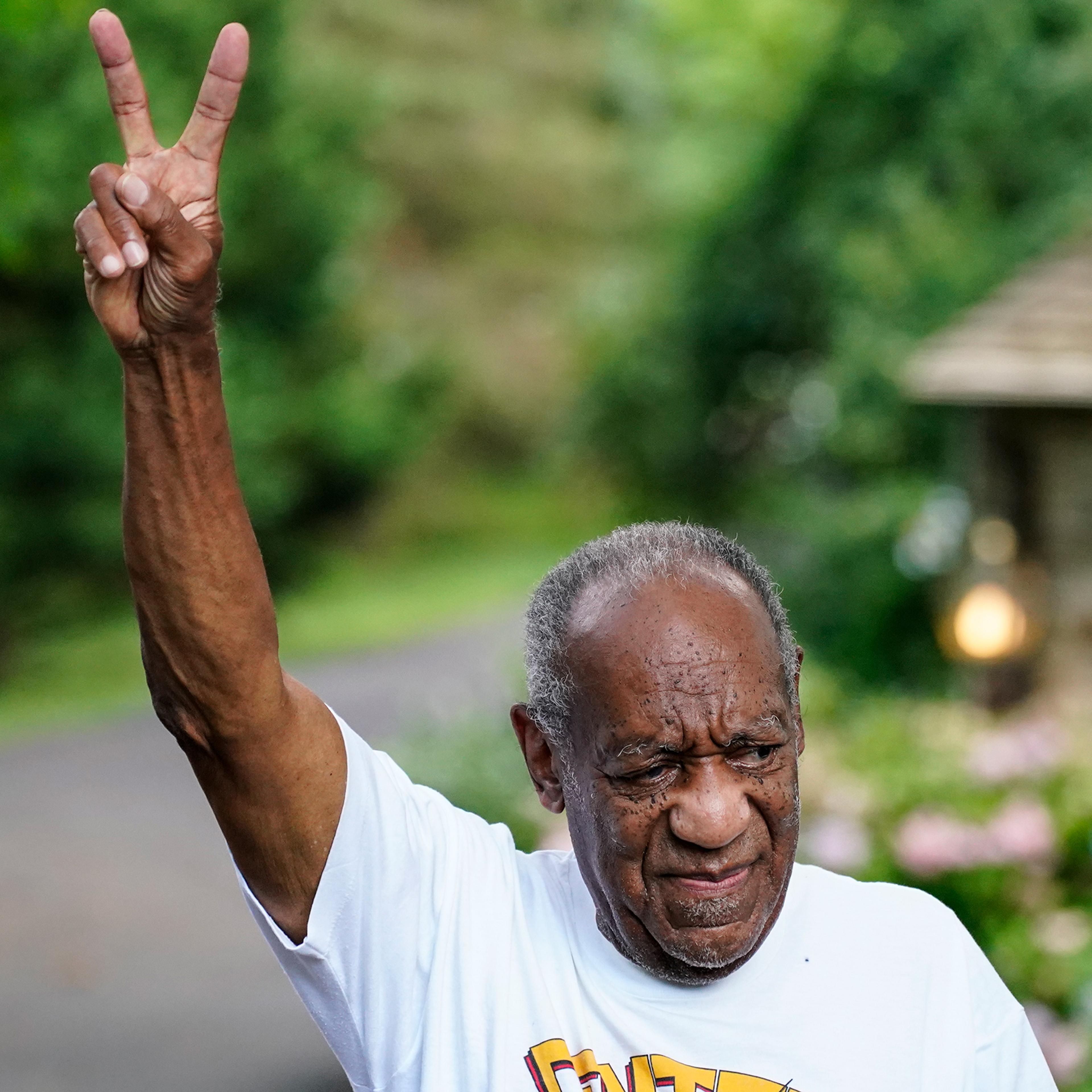 Bill Cosby gestures outside his home in Elkins Park, Pa. on June 30 after being released from prison.