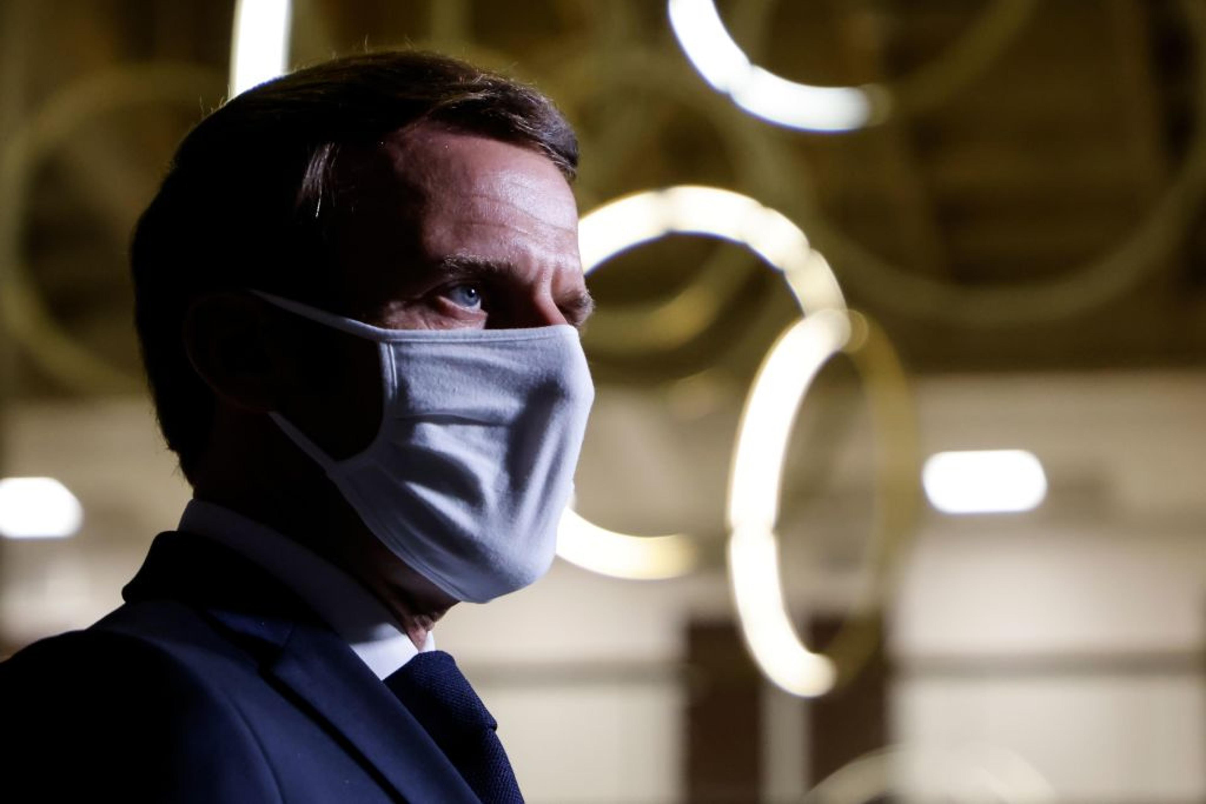 French President Emmanuel Macron delivers a speech at the end of a visit on the fight against separatism at the Seine Saint Denis prefecture headquarters in Bobigny, northeastern suburbs of Paris, on October 20, 2020.