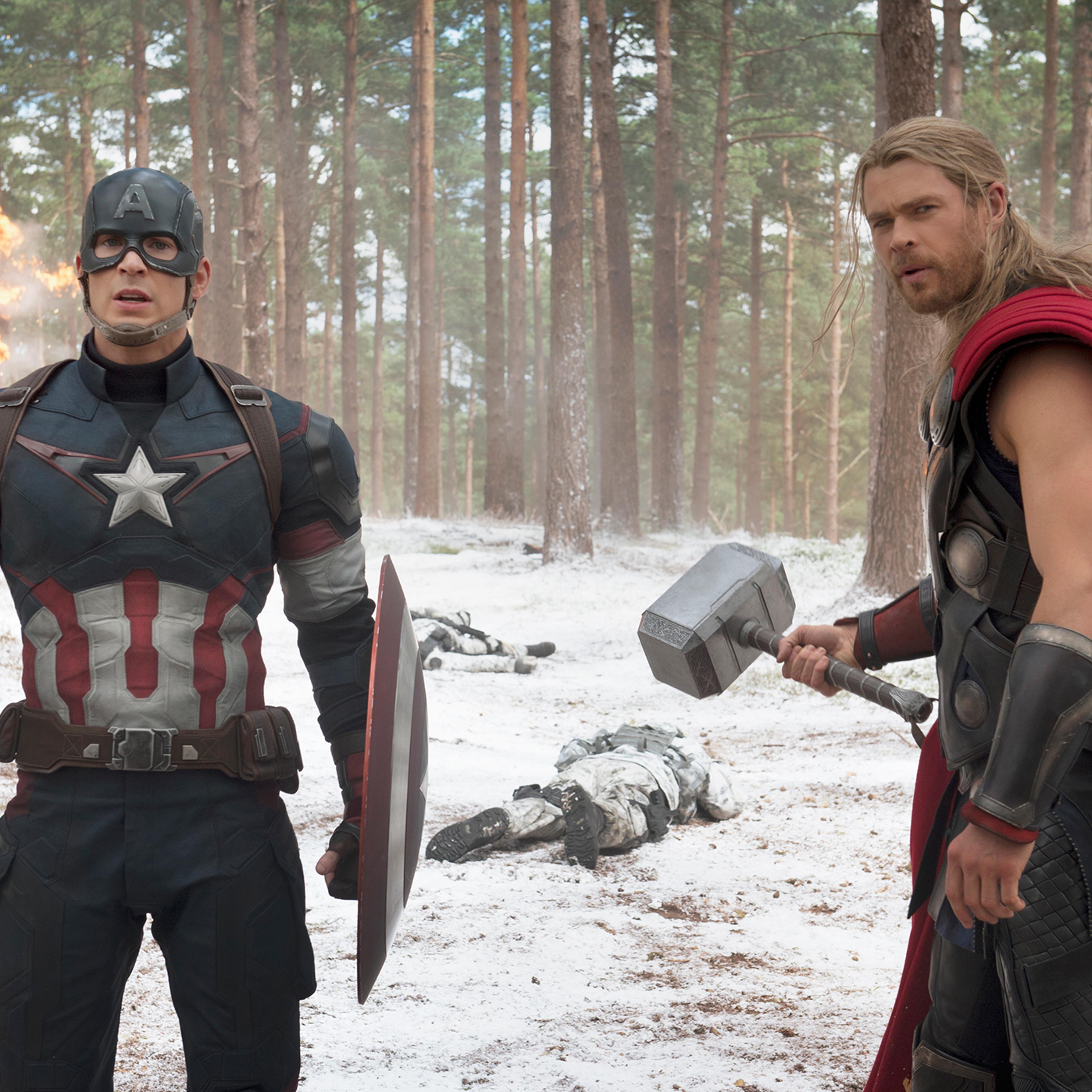 Marvel's Avengers: Age Of Ultron with Steve Rogers as Captain America and Chris Hemsworth as Thor.