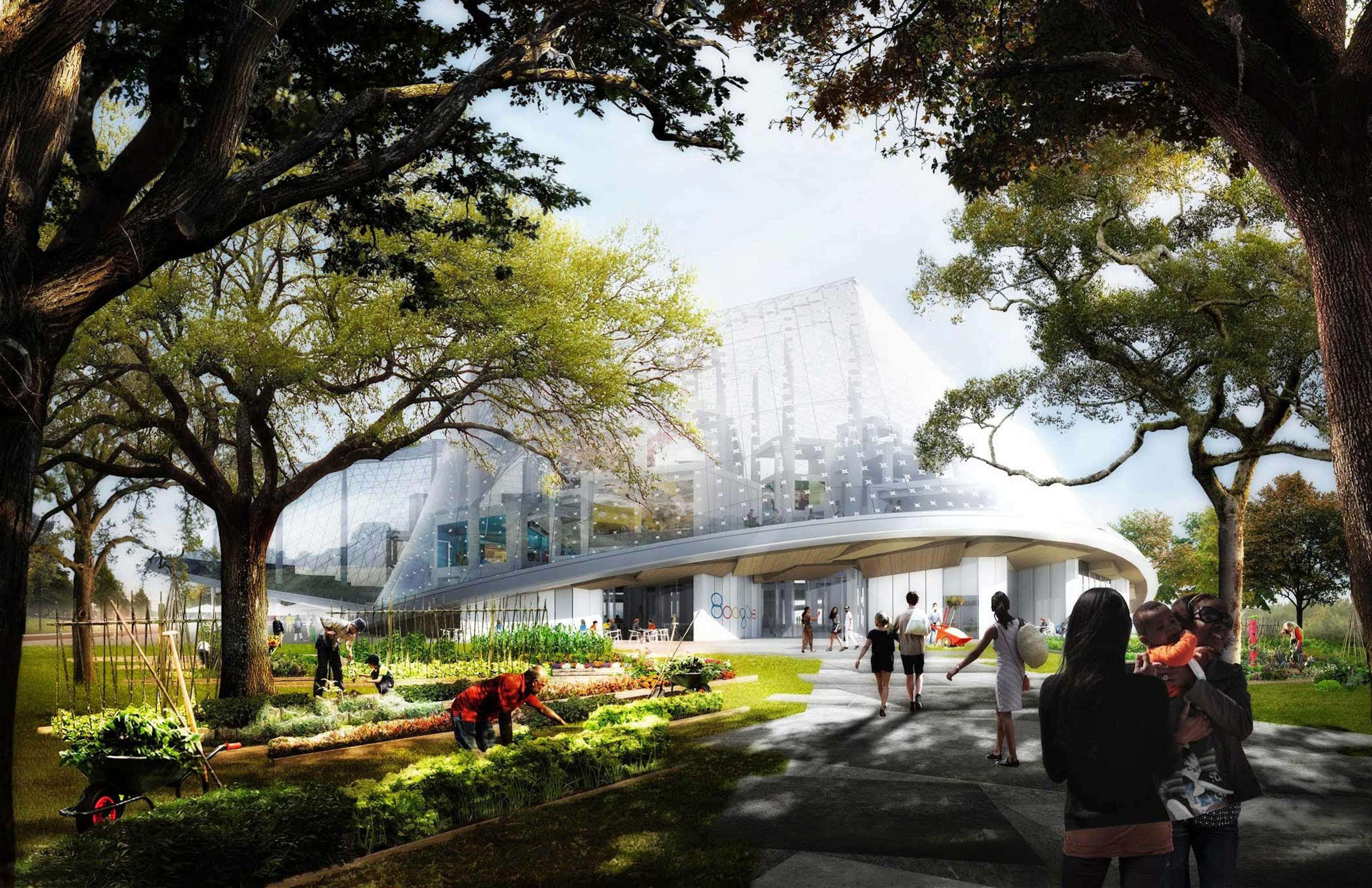 This rendering shows the west side of the proposed Huff project. At ground level, the environment is newly restored. Employees will be drawn from offices to the outdoors, to work alongside waterways and under trees. Mountain View residents can walk or ri