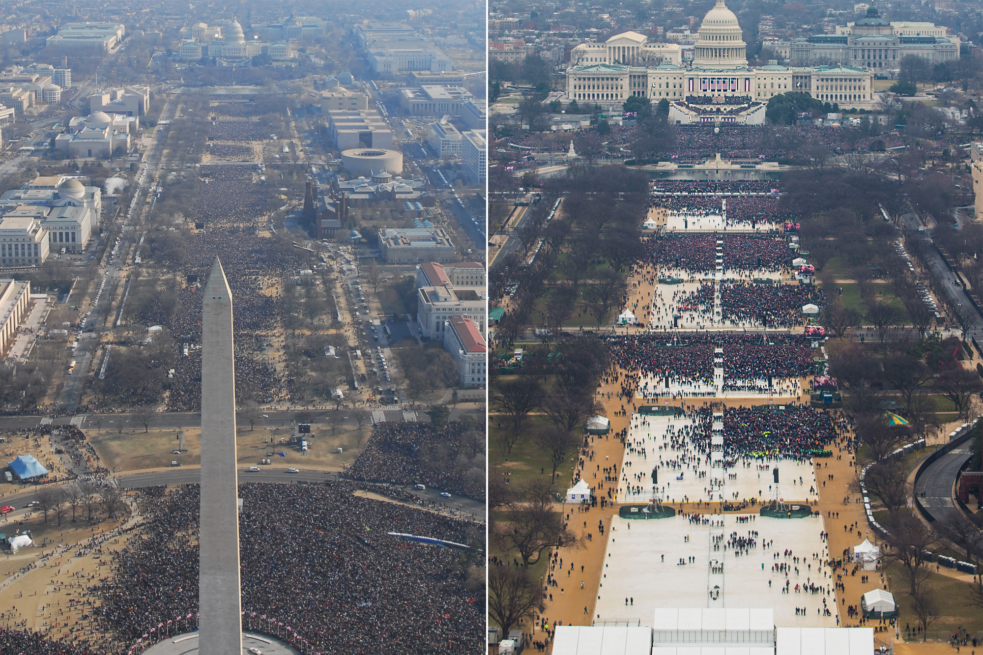 Left: An aerial view of President Barack Obama's inauguration on Jan. 20, 2009 in Washington, D.C. Right: An aerial view of President Donald Trump’s inauguration on Jan. 20, 2017 in Washington, D.C.