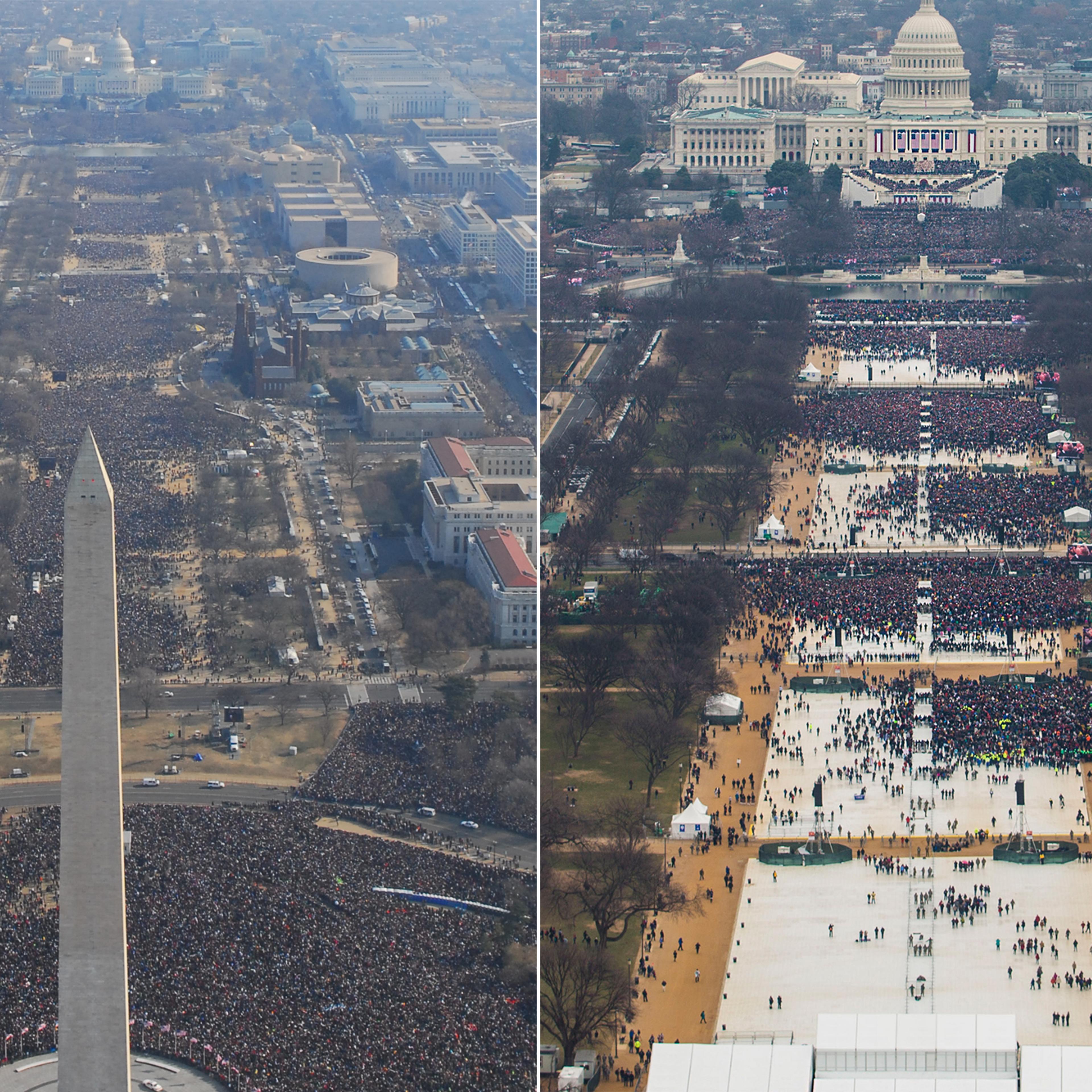 Left: An aerial view of President Barack Obama's inauguration on Jan. 20, 2009 in Washington, D.C. Right: An aerial view of President Donald Trump’s inauguration on Jan. 20, 2017 in Washington, D.C.