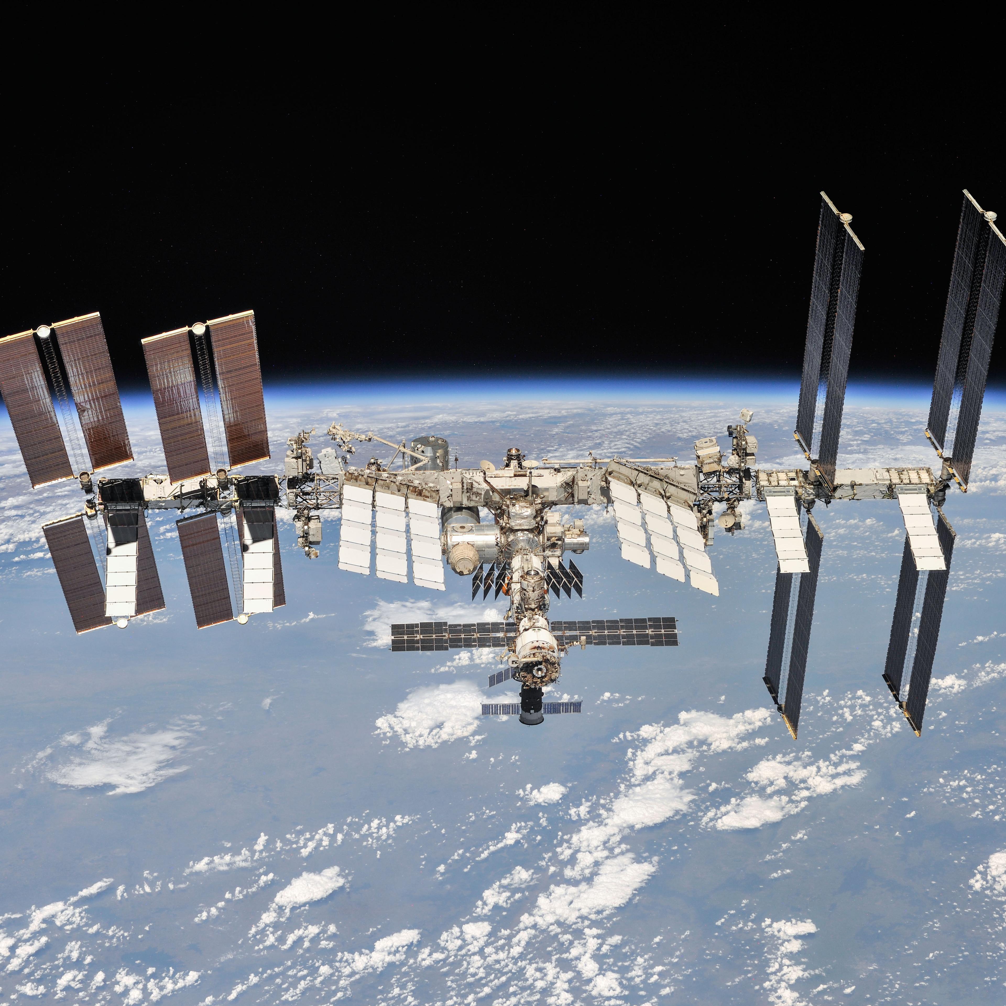 The International Space Station is photographed by Expedition 56 crew members from a Soyuz spacecraft after undocking on Oct. 4, 2018.