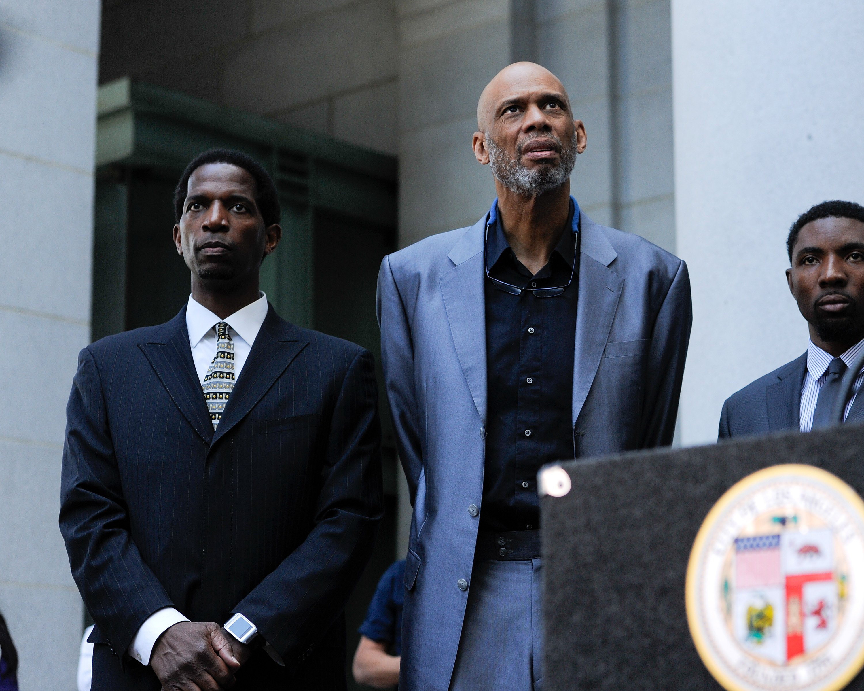 Kareem Abdul-Jabbar at a press conference in response to the NBA decision on Donald Sterling ownership at Los Angeles City Hall on April 29, 2014 in Los Angeles.