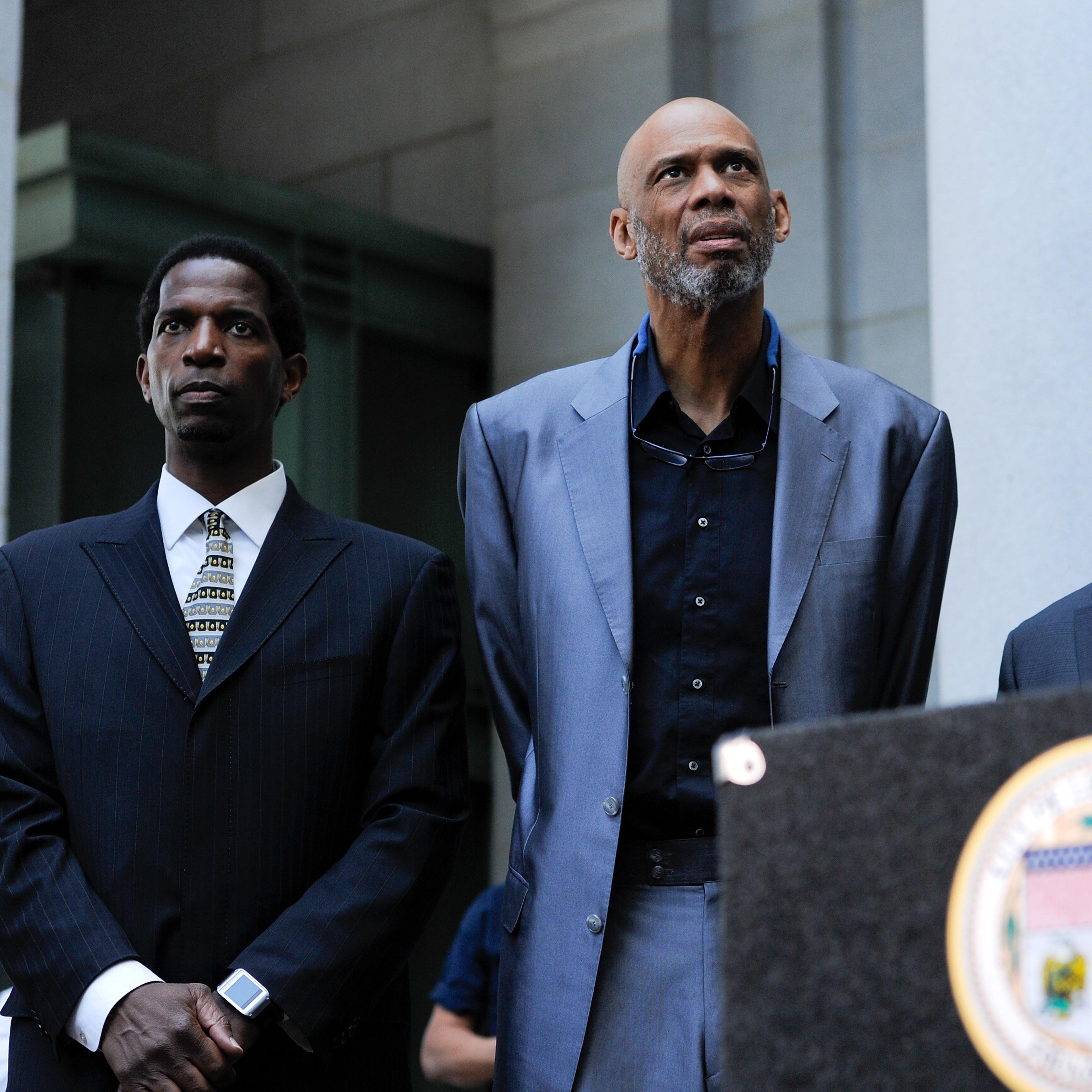 Kareem Abdul-Jabbar at a press conference in response to the NBA decision on Donald Sterling ownership at Los Angeles City Hall on April 29, 2014 in Los Angeles.