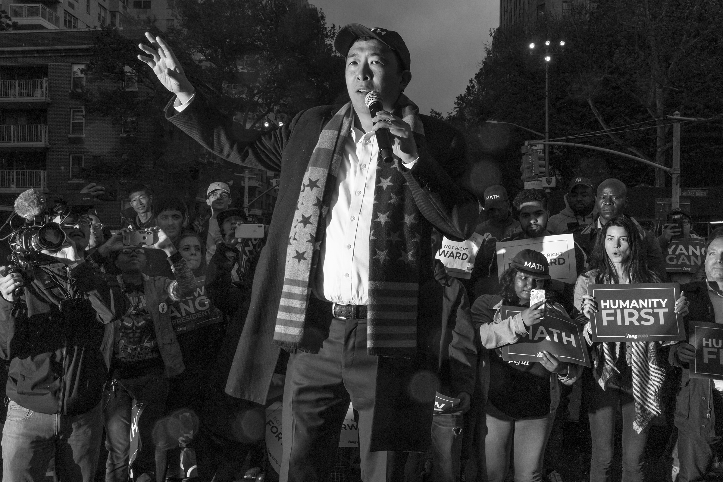 Andrew Yang speaks to supporters at a rally in Washington Square Park, New York, May 14, 2019.