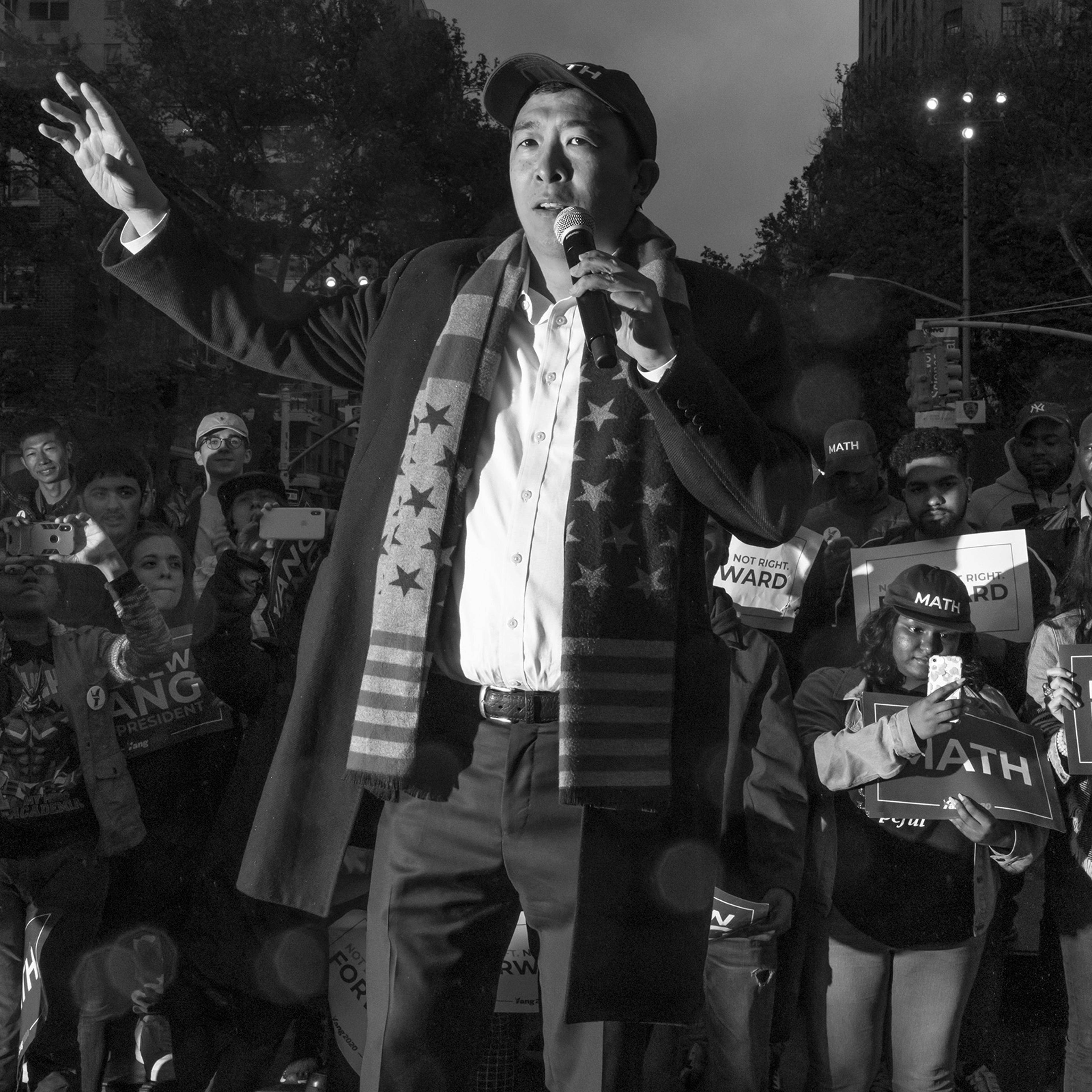 Andrew Yang speaks to supporters at a rally in Washington Square Park, New York, May 14, 2019.