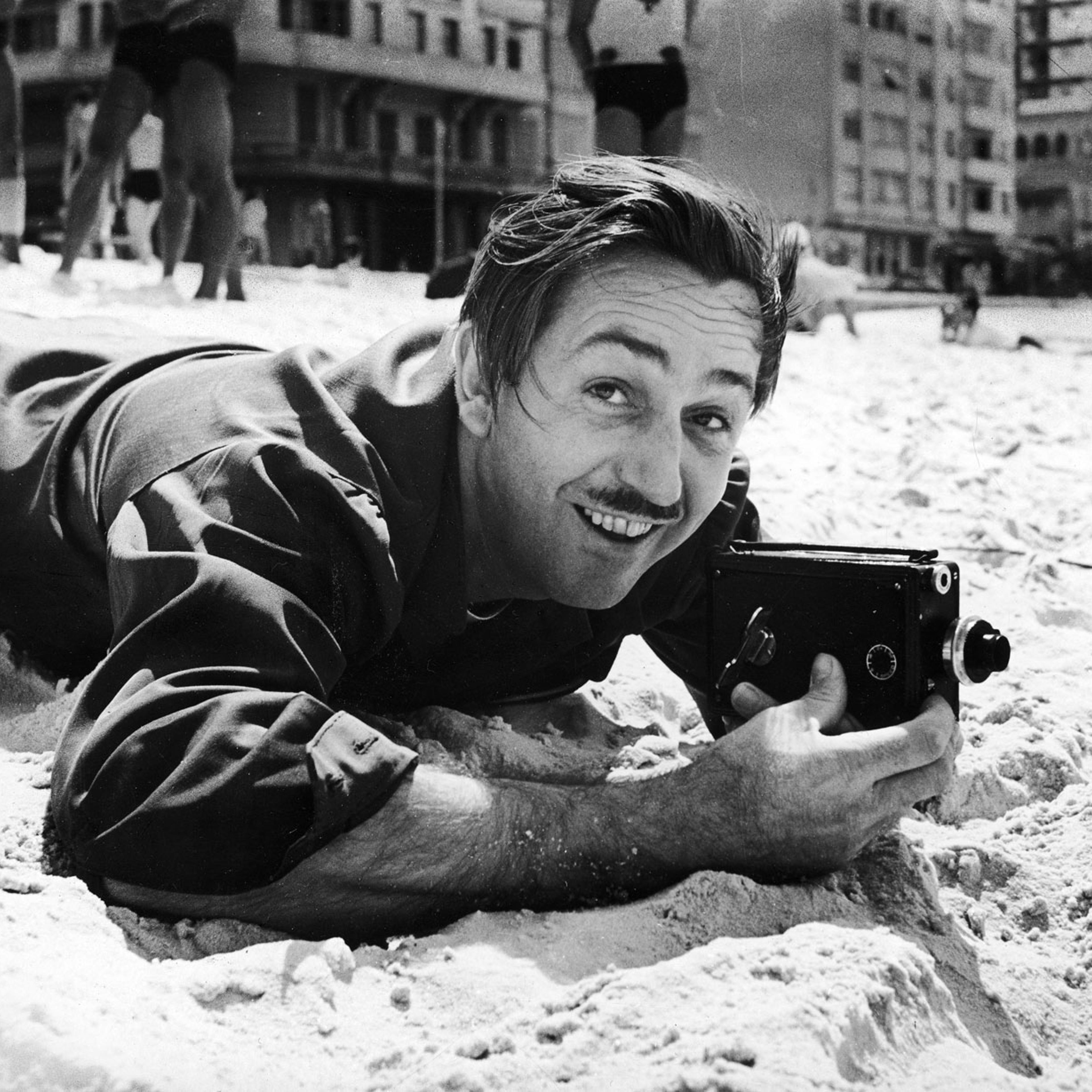 Walt Disney filming on a beach in Rio de Janeiro, Brazil, 1941.