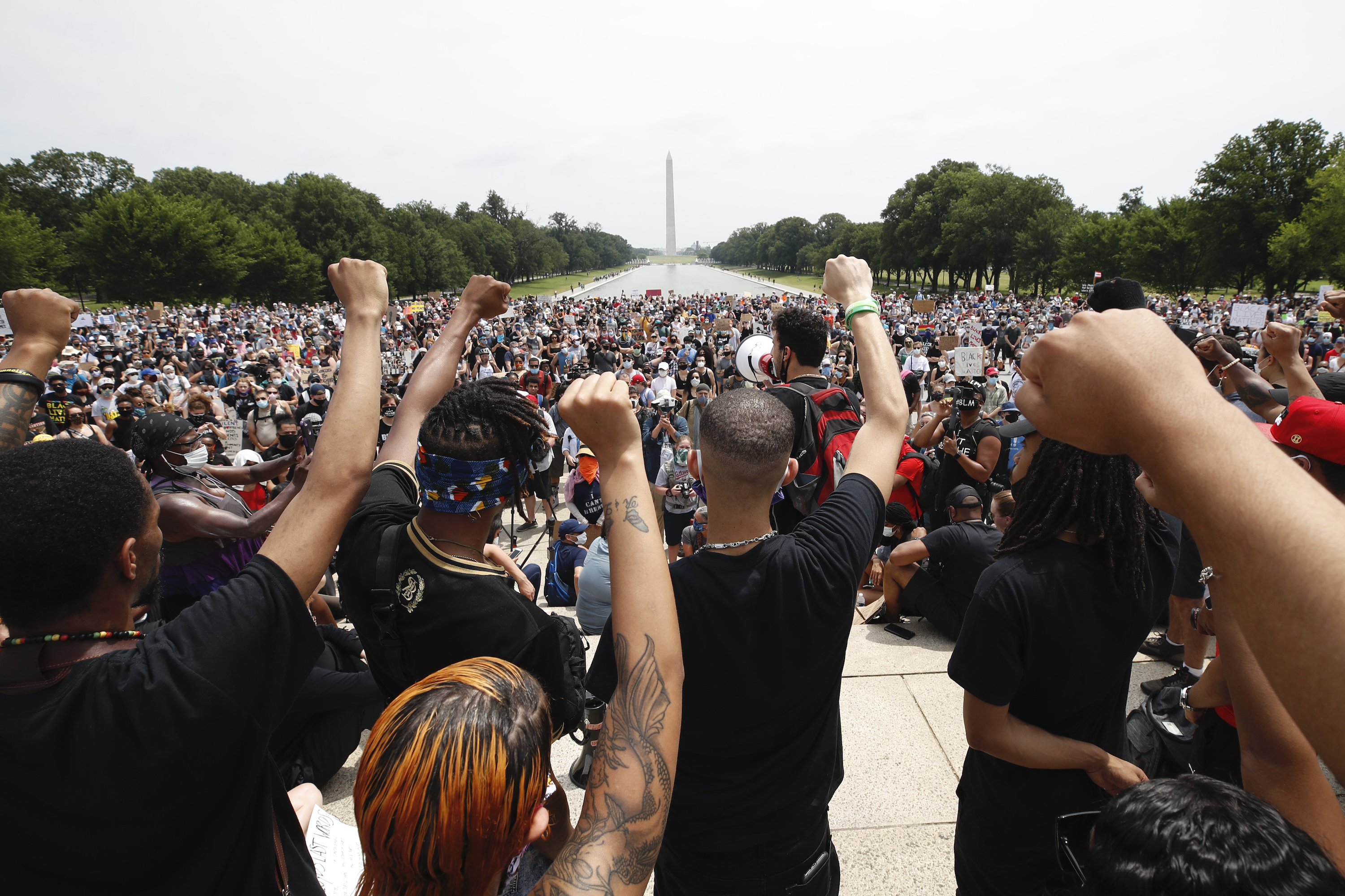 Demonstrators protest on June 6, 2020, at the Lincoln Memorial in Washington, over the death of George Floyd, a black man who was in police custody in Minneapolis.