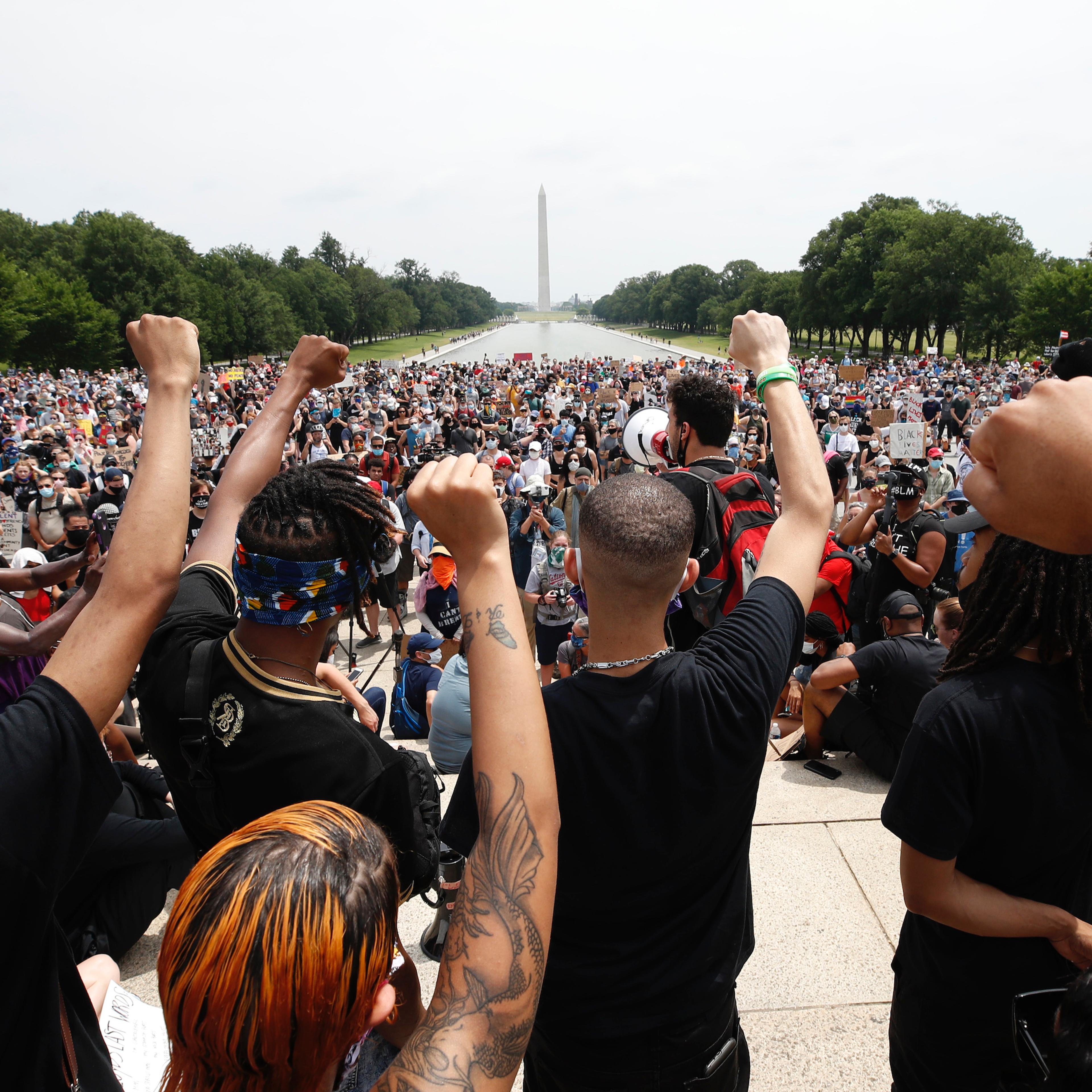 Demonstrators protest on June 6, 2020, at the Lincoln Memorial in Washington, over the death of George Floyd, a black man who was in police custody in Minneapolis.