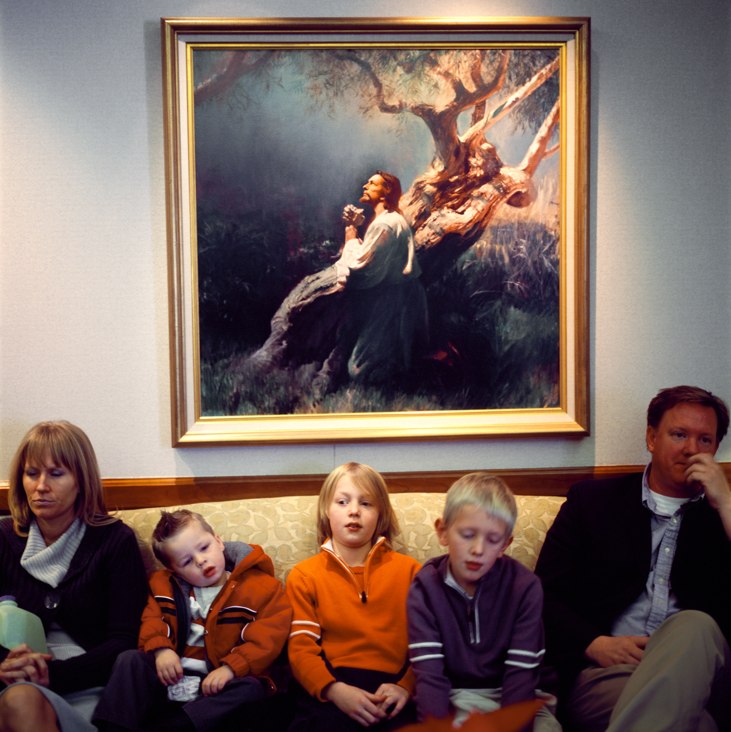 Rachel, my sister, her husband Chris, their two sons and nephew wait in the Timpanogos Temple’s reception room during sister Kim’s wedding. Due to their sacred nature, the actual wedding ceremony, or sealing, takes places in a separate private ceremonial room. December 2007