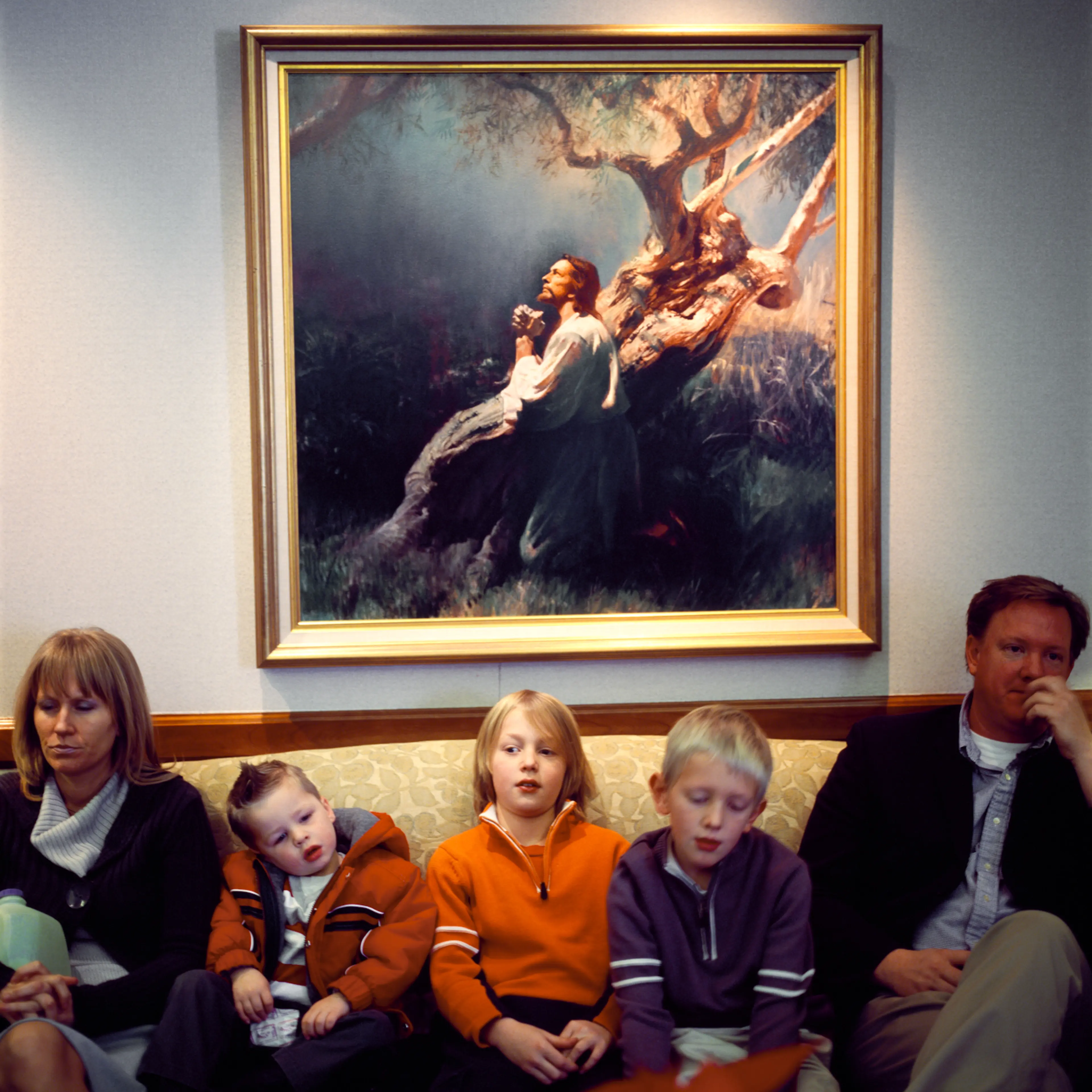 Rachel, my sister, her husband Chris, their two sons and nephew wait in the Timpanogos Temple’s reception room during sister Kim’s wedding. Due to their sacred nature, the actual wedding ceremony, or sealing, takes places in a separate private ceremonial room. December 2007