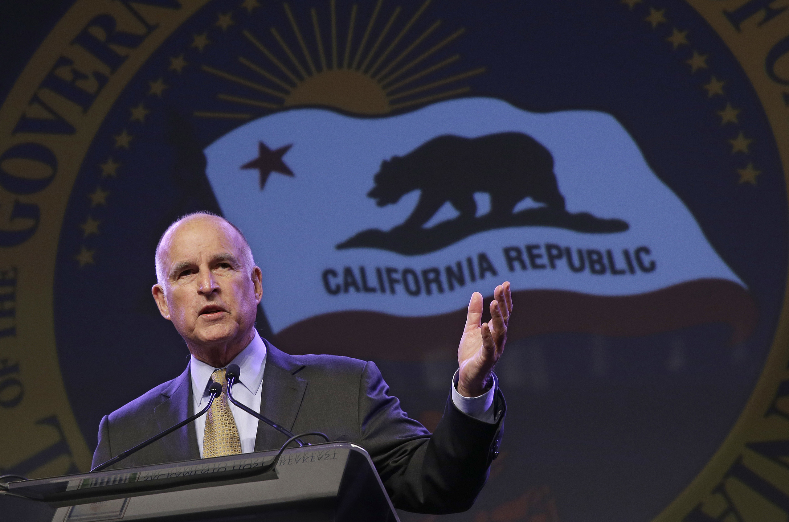 California Gov. Jerry Brown gestures as he speaks at the 91st Annual Sacramento Host Breakfast Wednesday, May 18, 2016, in Sacramento, Calif. (AP Photo/Rich Pedroncelli)