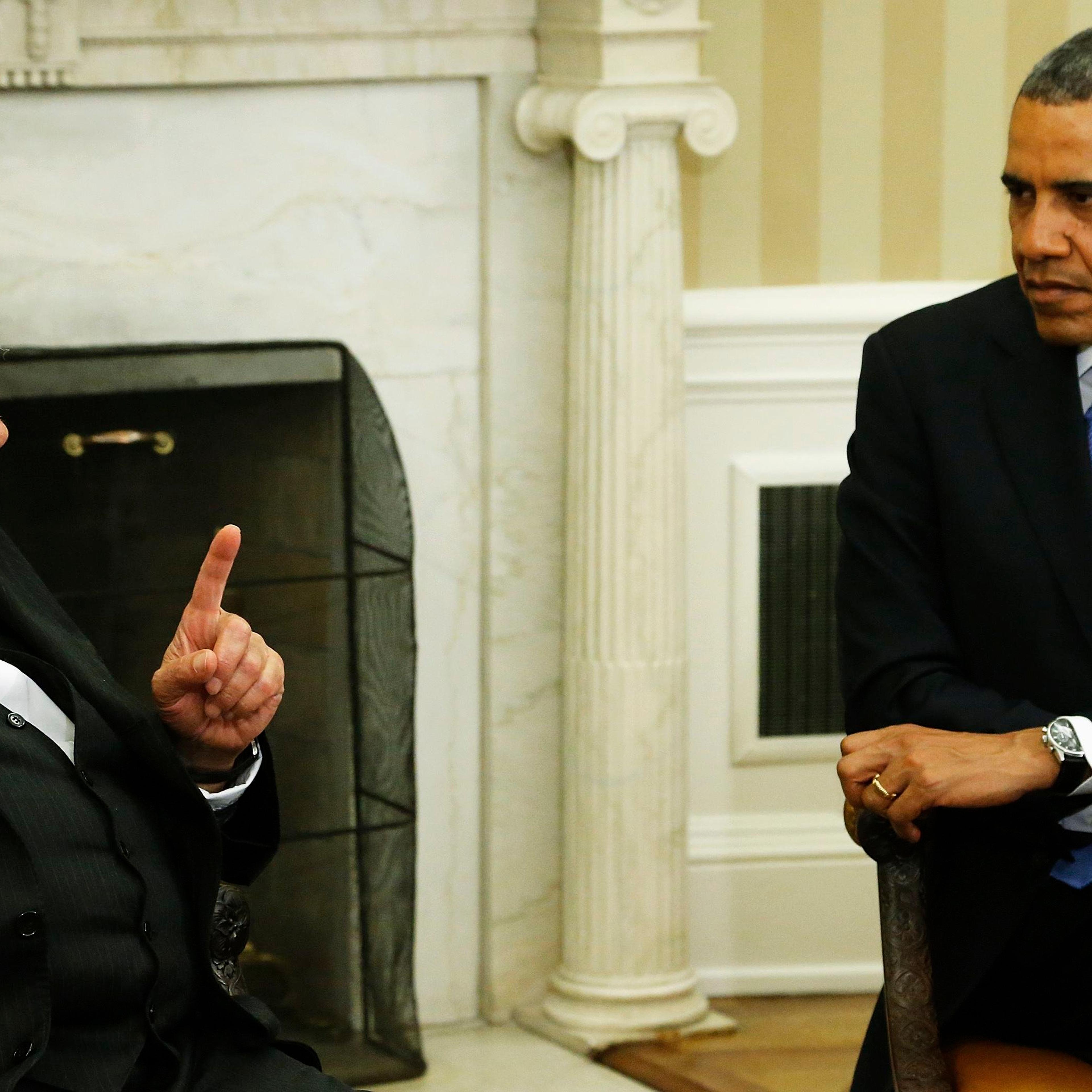 Uruguay's President Jose Mujica delivers remarks as U.S. President Barack Obama welcomes before meeting in Oval Office in Washington
