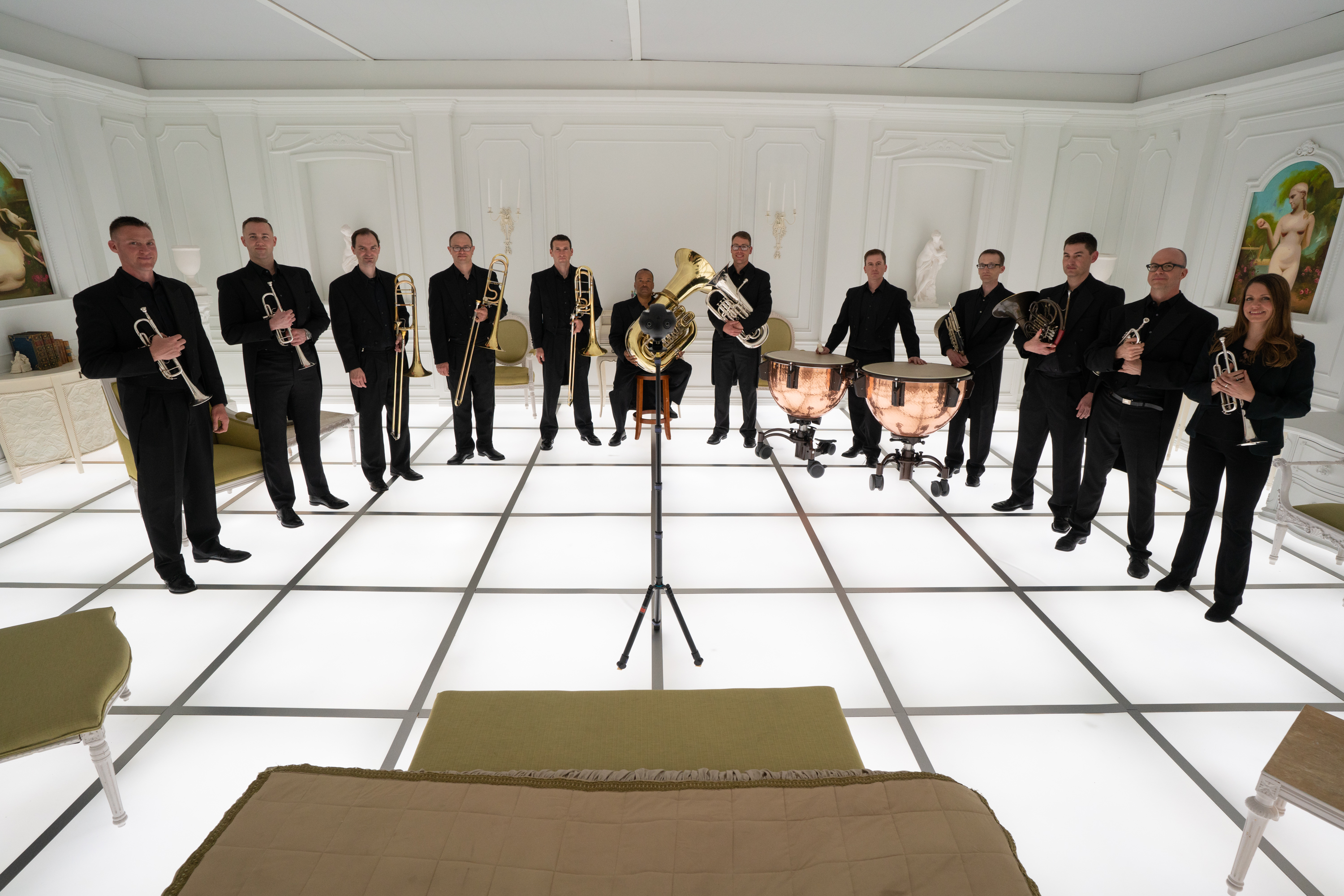 The Barclay Brass band with a 360-degree video camera inside the 2001: A Space Odyssey Immersive Art Exhibit "The Barmecide Feast by Simon Birch” at the National Air and Space Museum in Washington, D.C. on Tuesday, April 24, 2018. Photo by Steve Johnson 