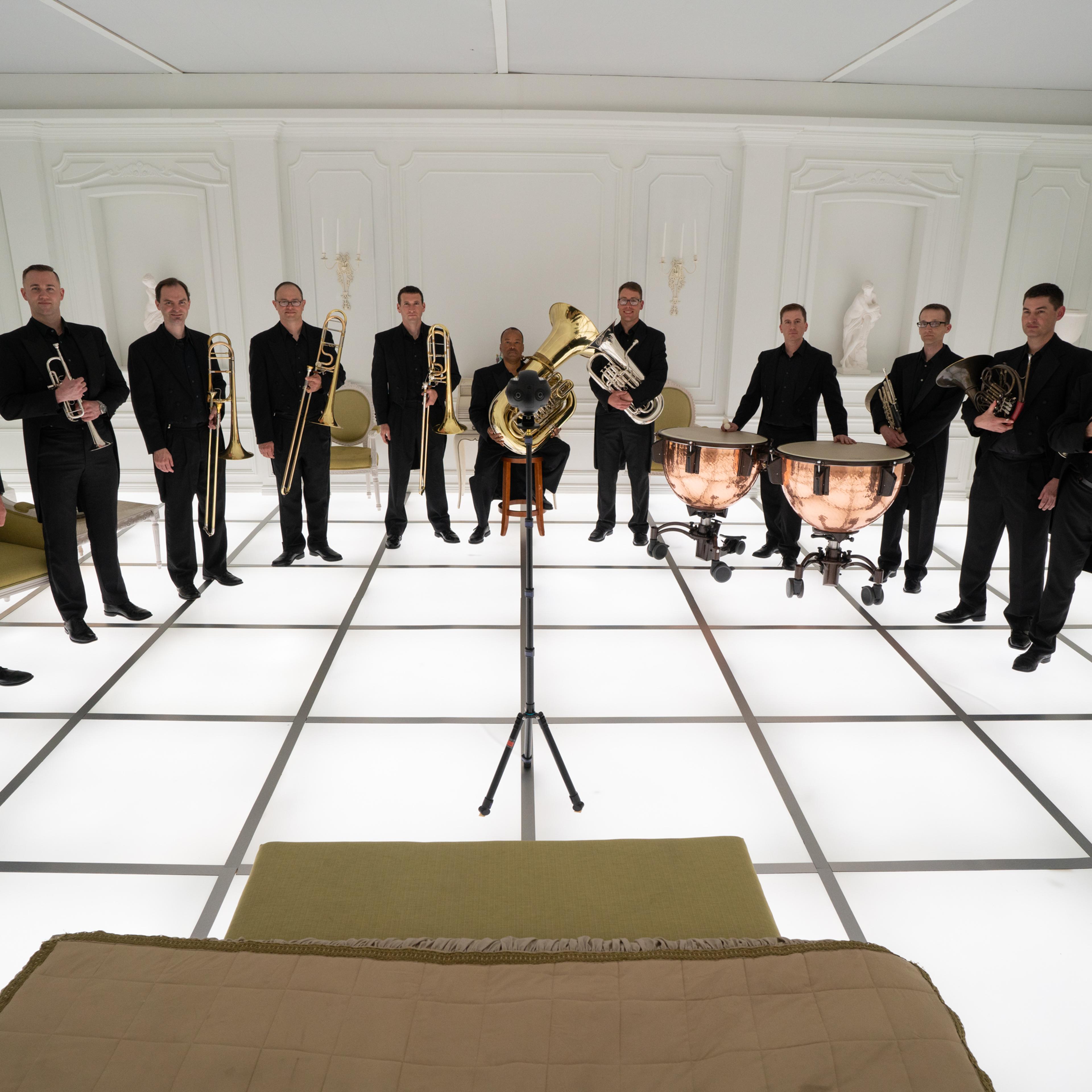 The Barclay Brass band with a 360-degree video camera inside the 2001: A Space Odyssey Immersive Art Exhibit "The Barmecide Feast by Simon Birch” at the National Air and Space Museum in Washington, D.C. on Tuesday, April 24, 2018. Photo by Steve Johnson