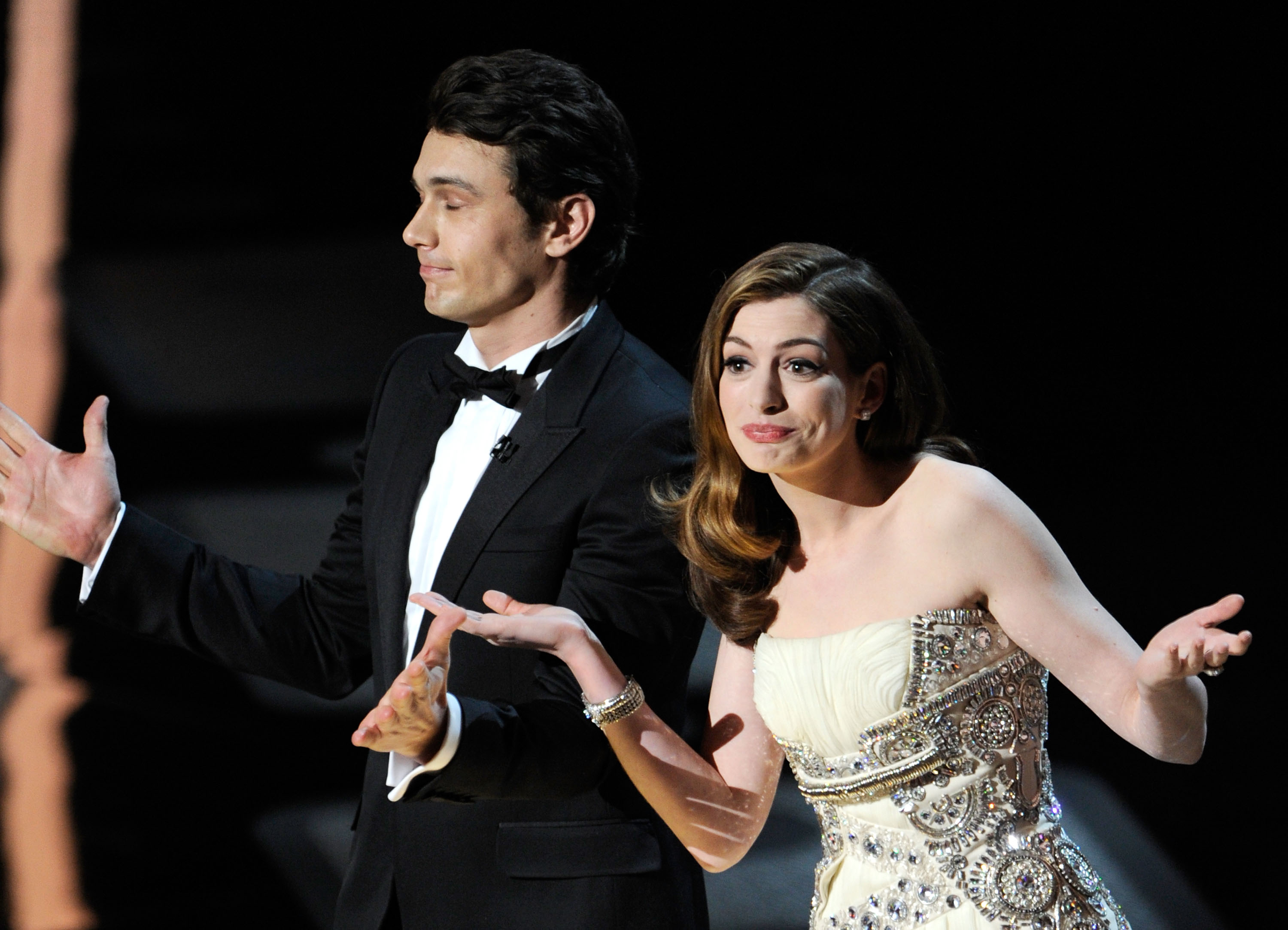 Presenters James Franco and Anne Hathaway speak onstage during the 83rd Annual Academy Awards