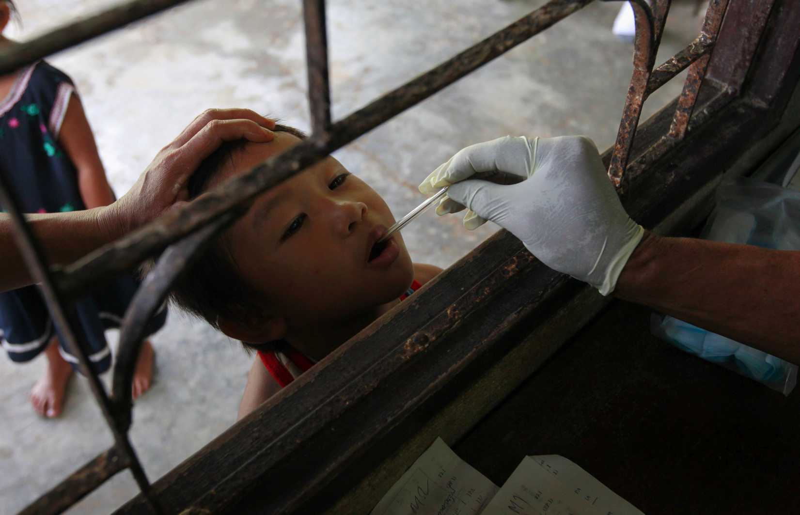A Thai public-health official places a thermometer into a child's mouth at a malaria clinic in Sai Yoke district, Kanchanaburi province, Thailand, on Oct. 26, 2012