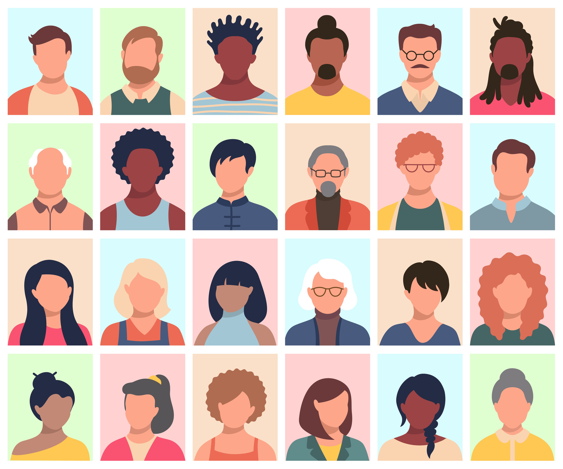 Set of persons, avatars, people heads of different ethnicity and age in flat style. Multi nationality social networks people faces collection.
