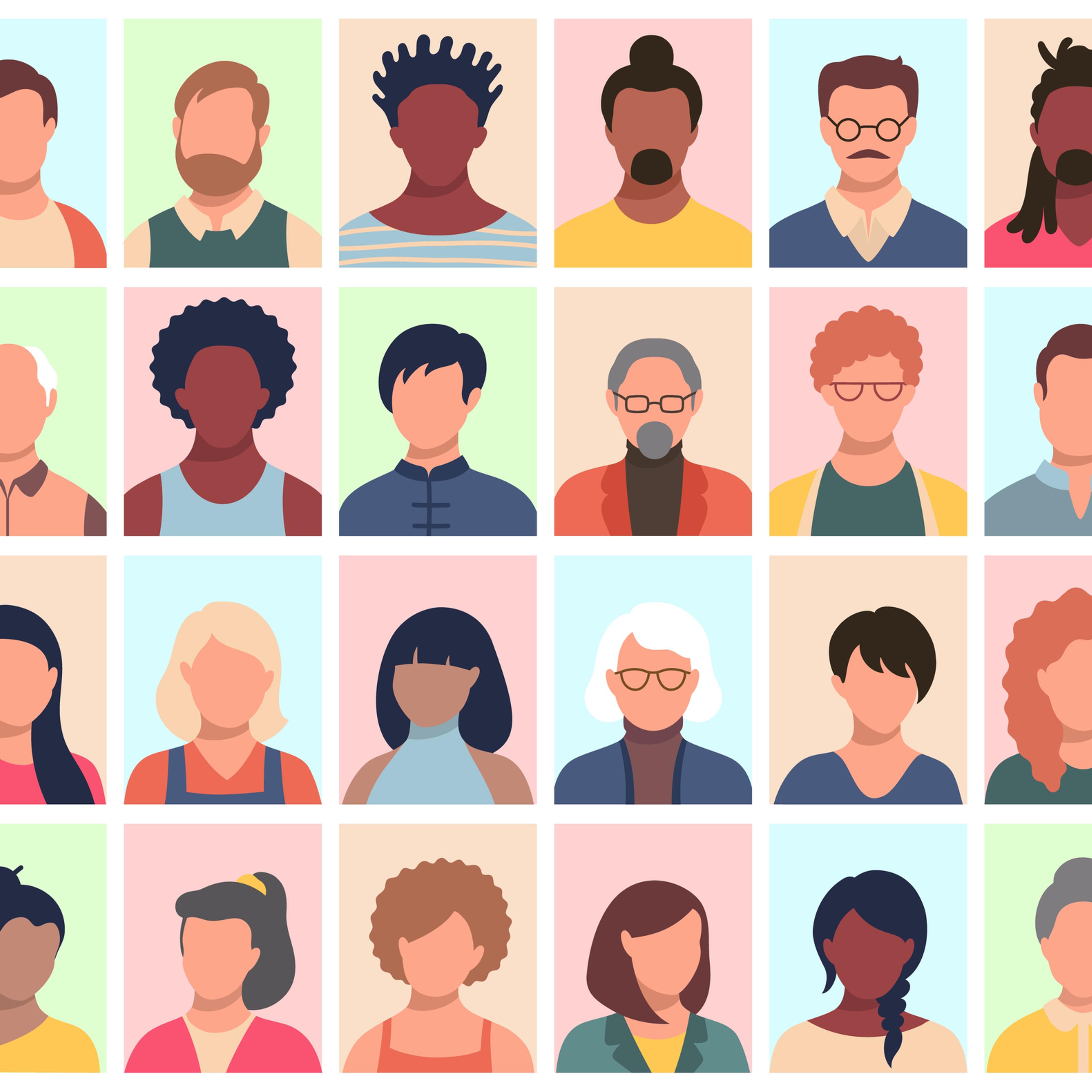 Set of persons, avatars, people heads of different ethnicity and age in flat style. Multi nationality social networks people faces collection.