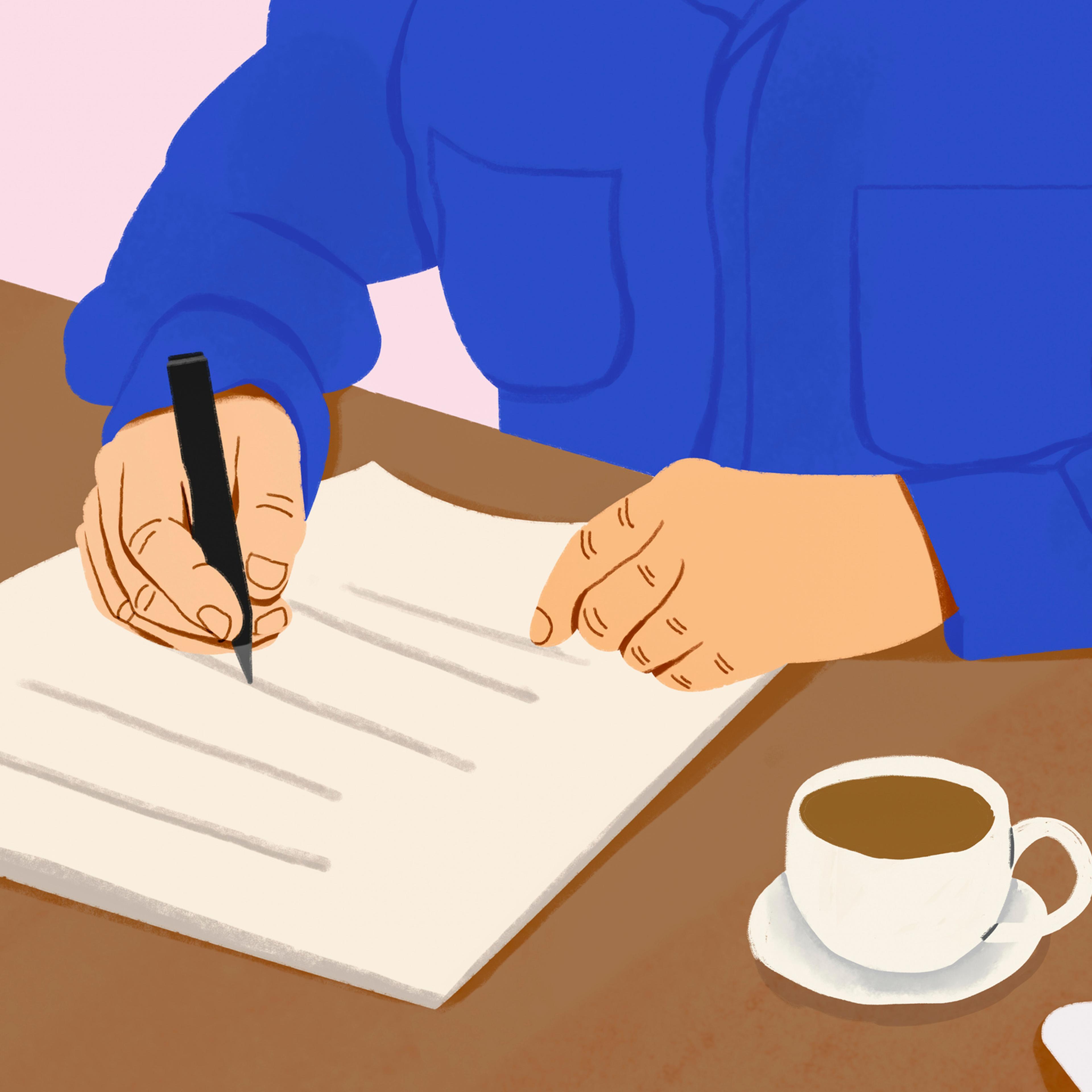 Man filling out paperwork at table with coffee