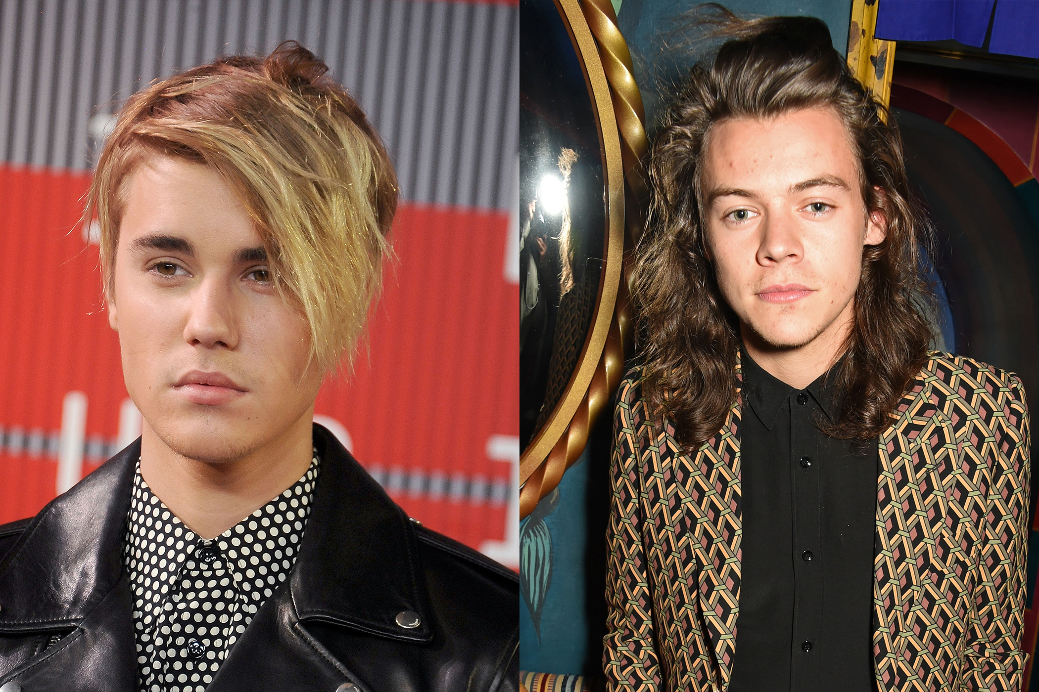 Justin Bieber (L) and Harry Styles of One Direction (R)