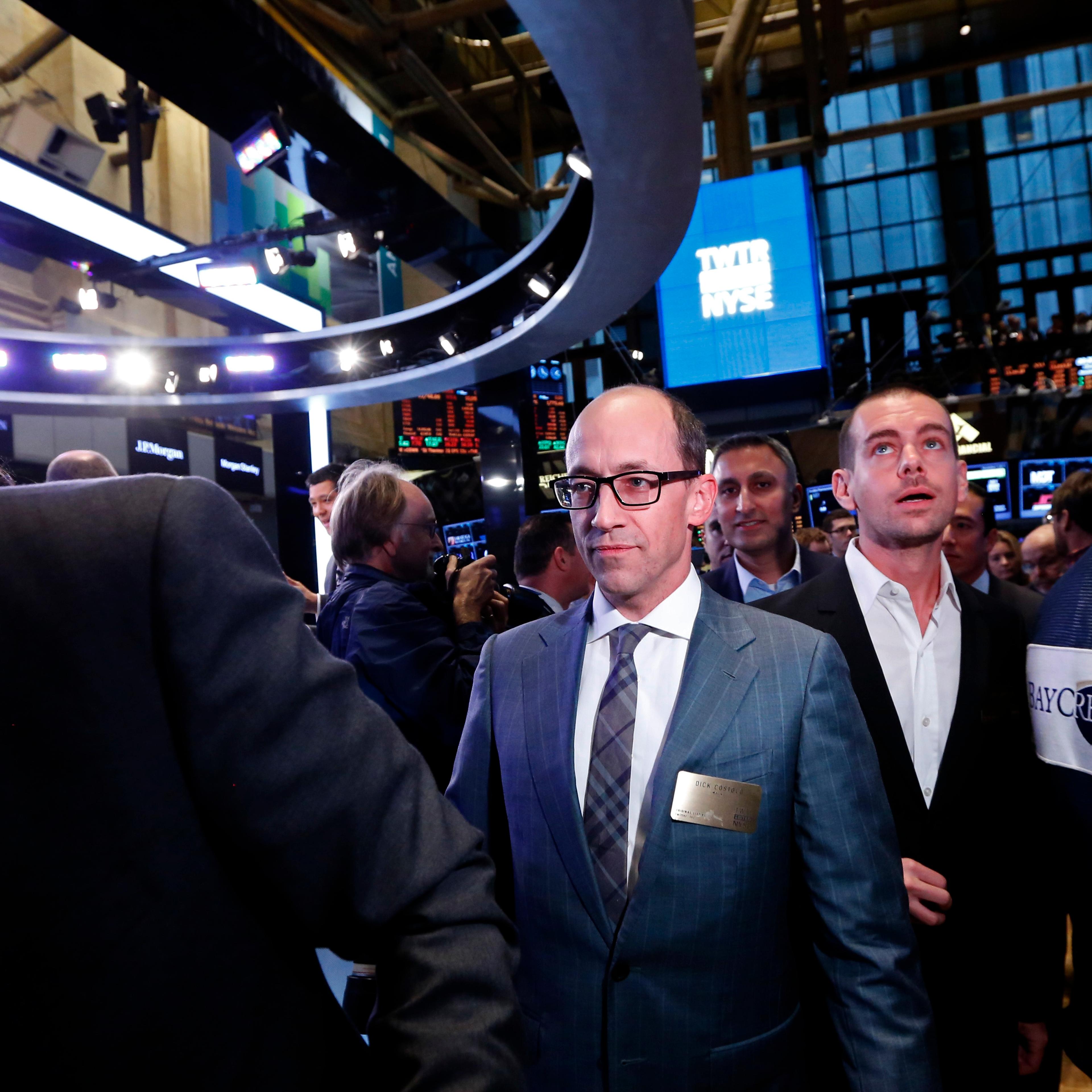 Twitter CEO Costolo and Twitter co-founder Dorsey walk the floor of the New York Stock Exchange during Twitter's IPO in New York