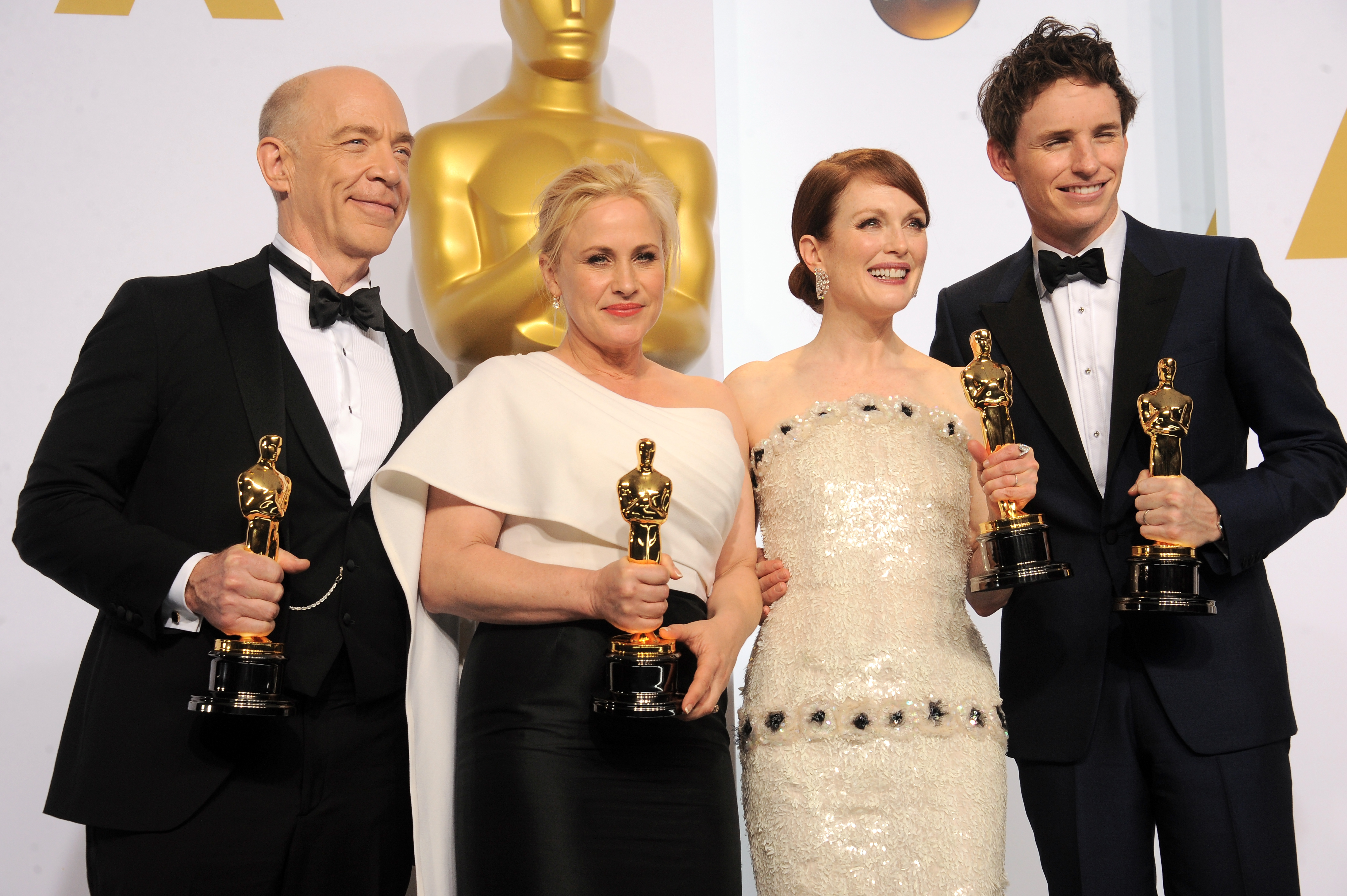 poses inside the press room of the 87th Annual Academy Awards held at Loews Hollywood Hotel on February 22, 2015 in Hollywood, California.