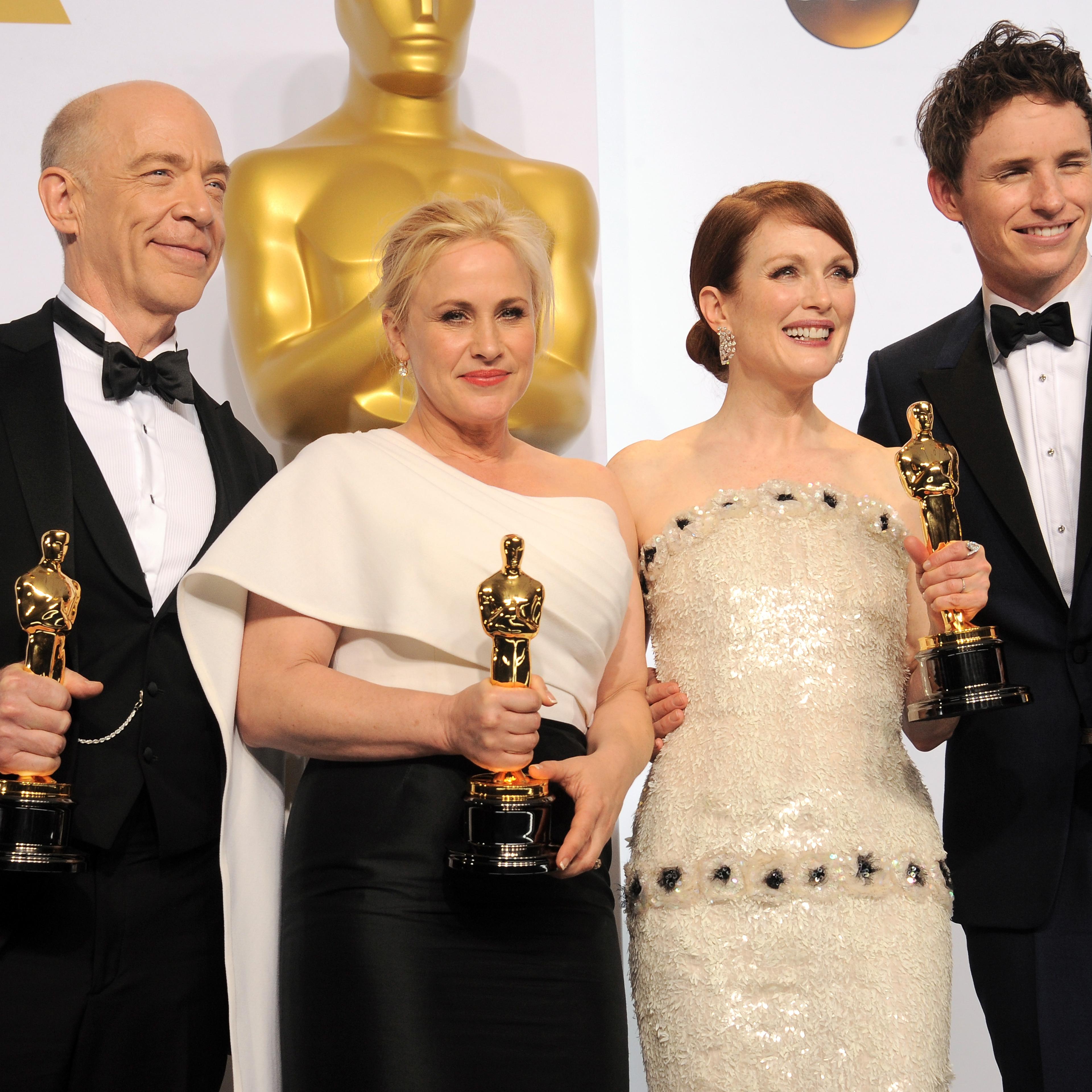 poses inside the press room of the 87th Annual Academy Awards held at Loews Hollywood Hotel on February 22, 2015 in Hollywood, California.