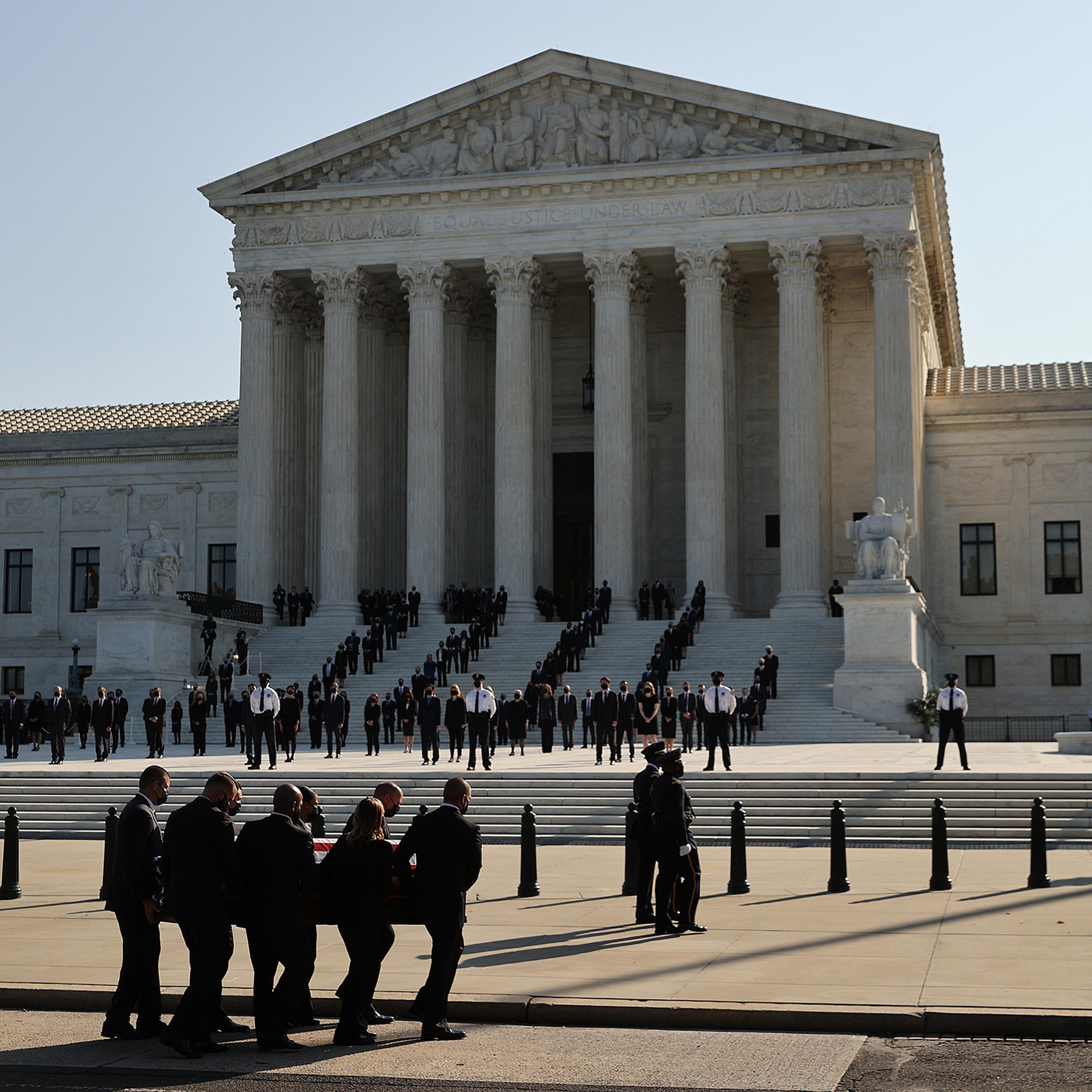 The casket containing the remains of Associate Justice Ruth Bader Ginsburg is carried at the U.S. Supreme Court where she will lie in repose, on Sept. 23